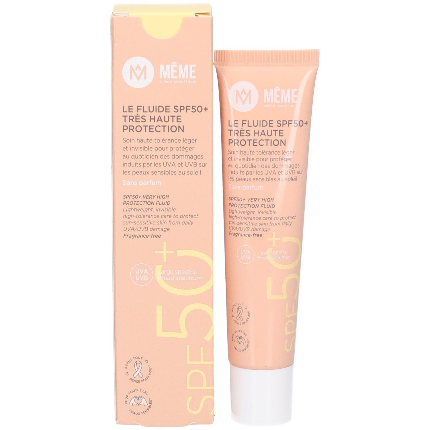 Tube et boîte MEME Fluid SPF 50+. Haute protection solaire pour peaux sensibles.