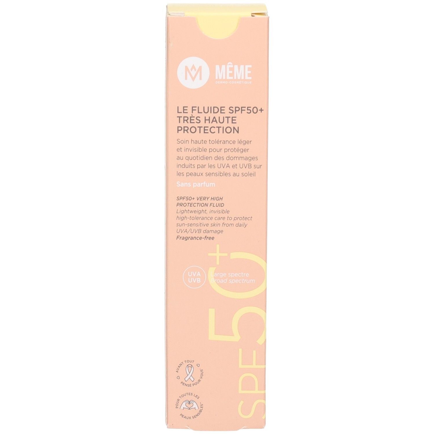 Côté de la boîte MEME Fluid SPF 50+ avec informations produit et logos.