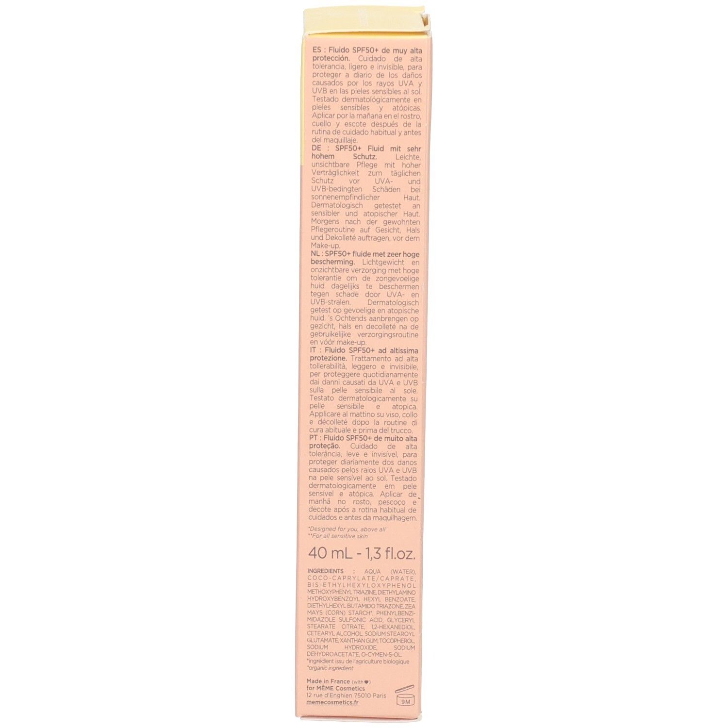 Côté de la boîte MEME Fluid SPF 50+ avec informations détaillées sur le produit.