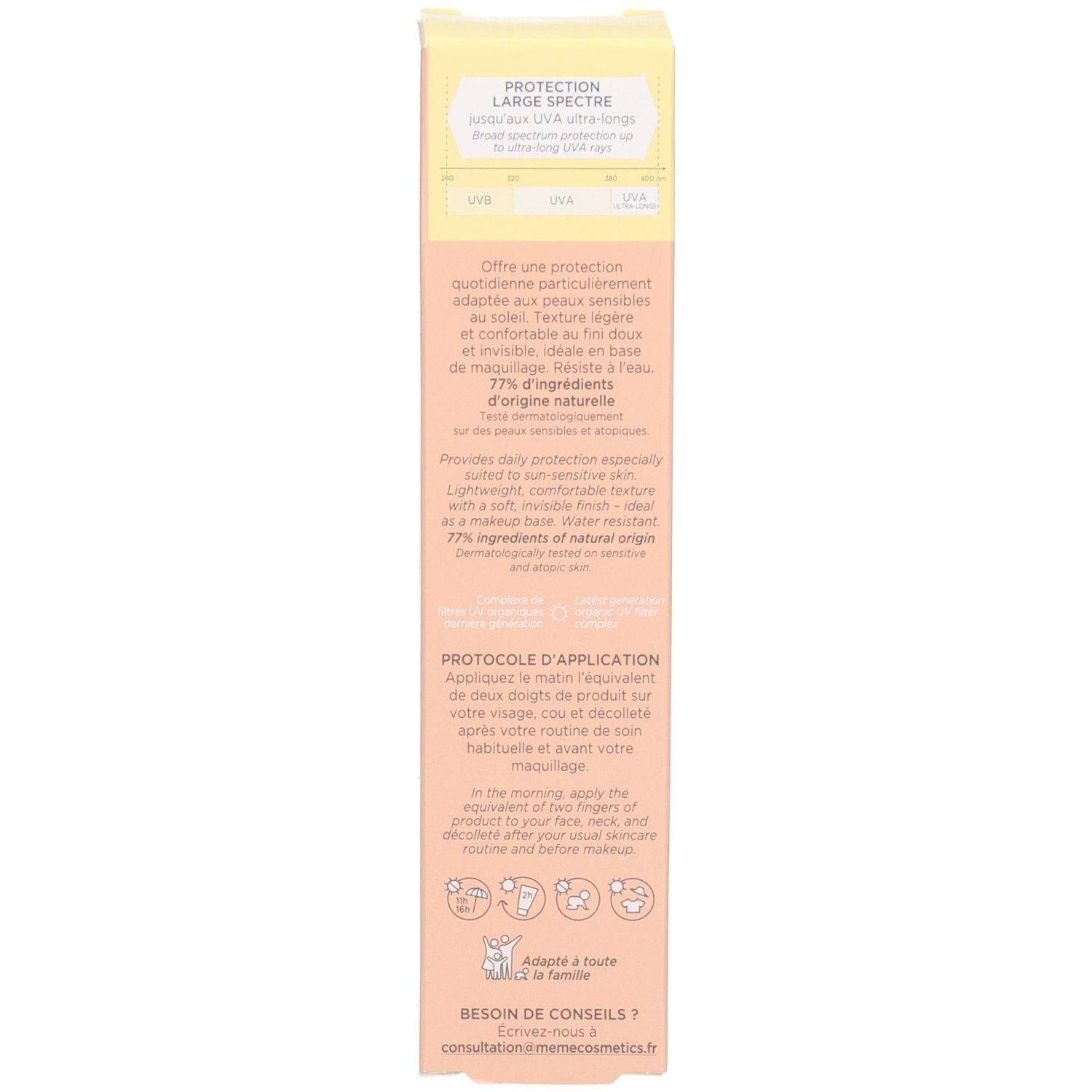 Arrière de la boîte MEME Fluid SPF 50+ avec instructions d'application et ingrédients.