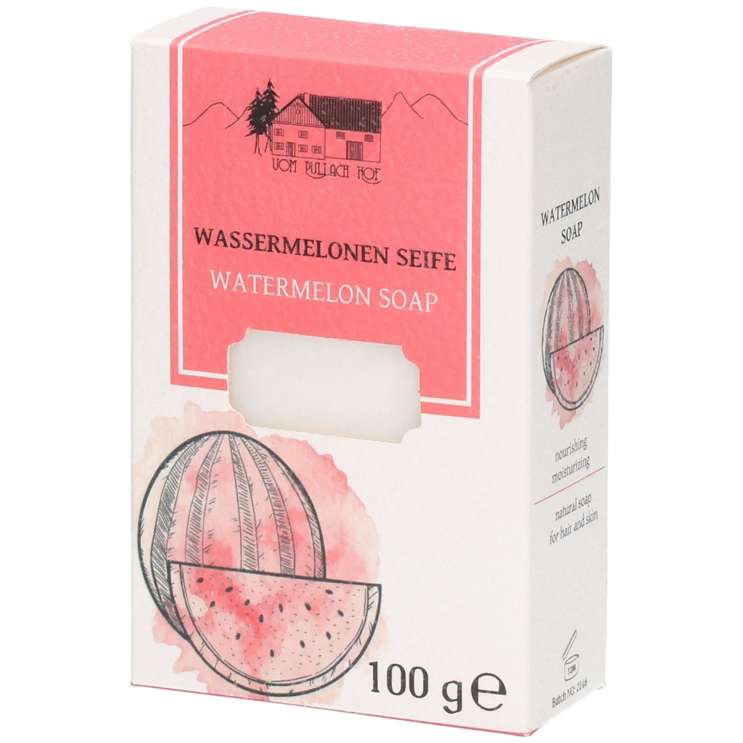 Verpackung für Wassermelonen-Seife, 100g, mit Abbildung einer Wassermelone.