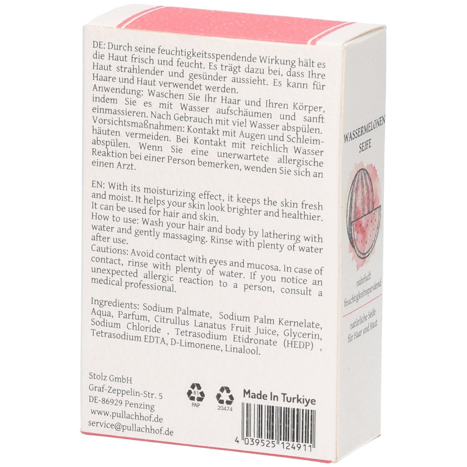 Verpackung einer Seife mit Wassermelonen-Design und Produktinformationen.