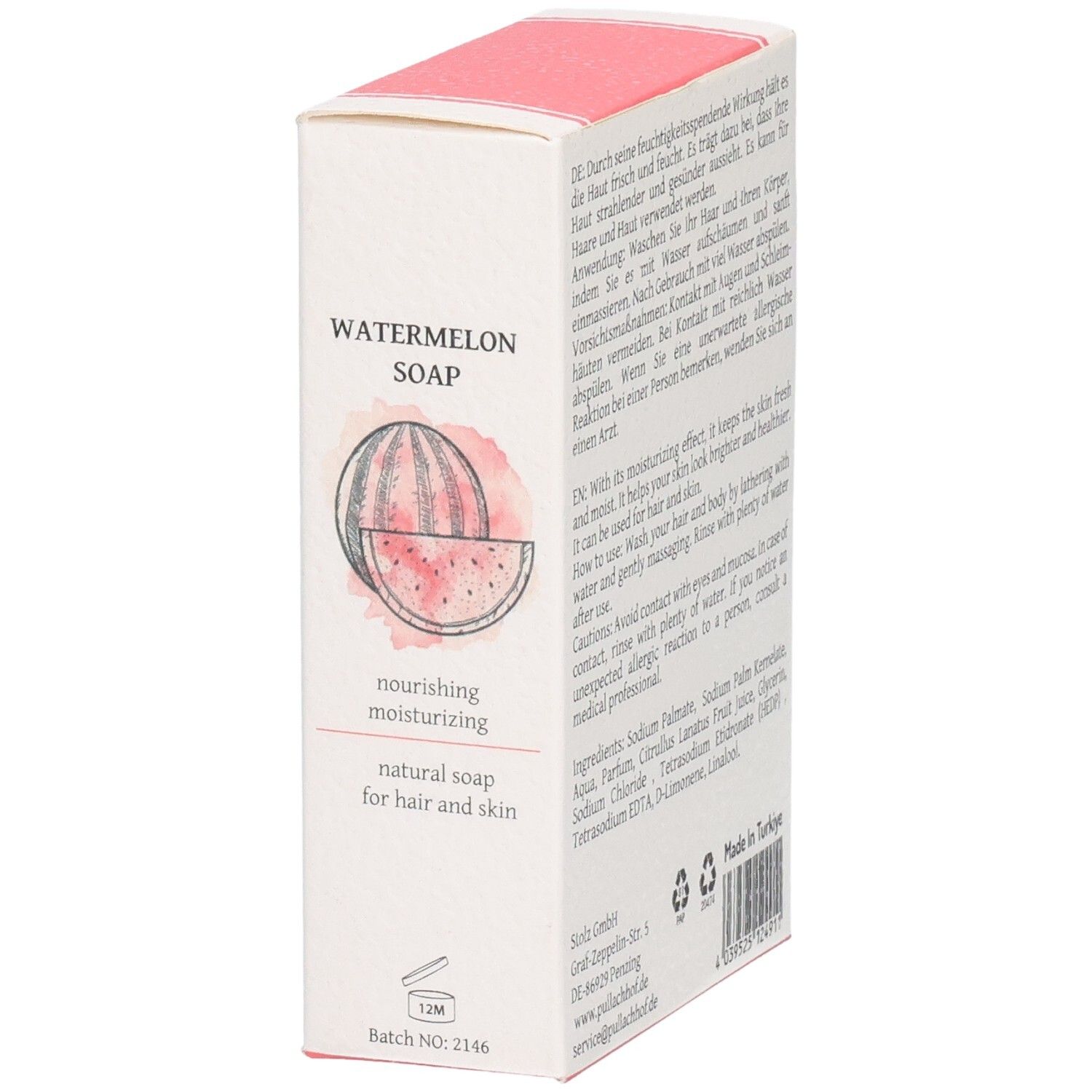 Verpackung für Wassermelonenseife, feuchtigkeitsspendend, für Haar und Haut.