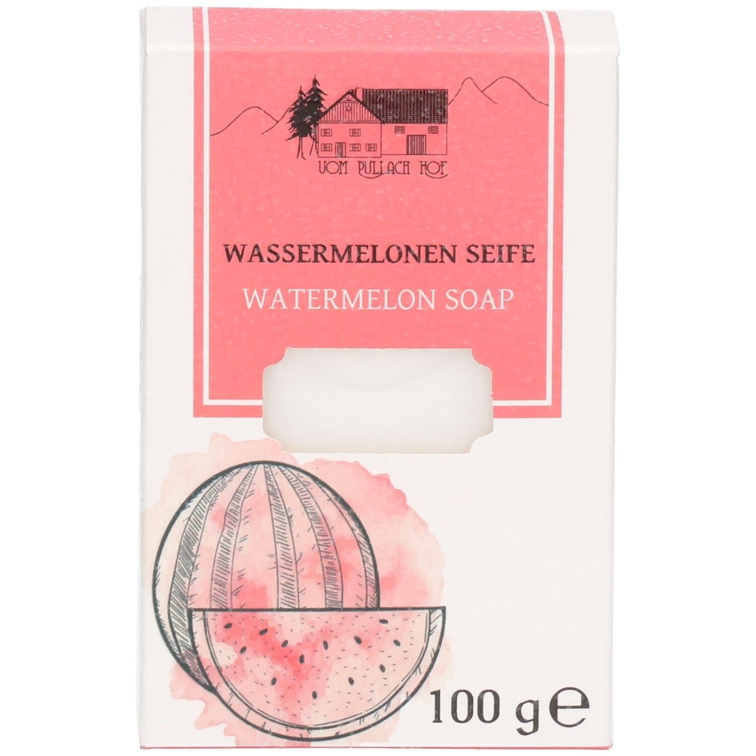Verpackung für Wassermelonenseife, 100g, mit Illustration einer Wassermelone.