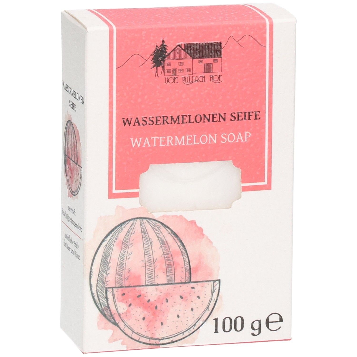 Verpackung für Wassermelonen-Seife, 100g, mit Illustration einer Wassermelone.