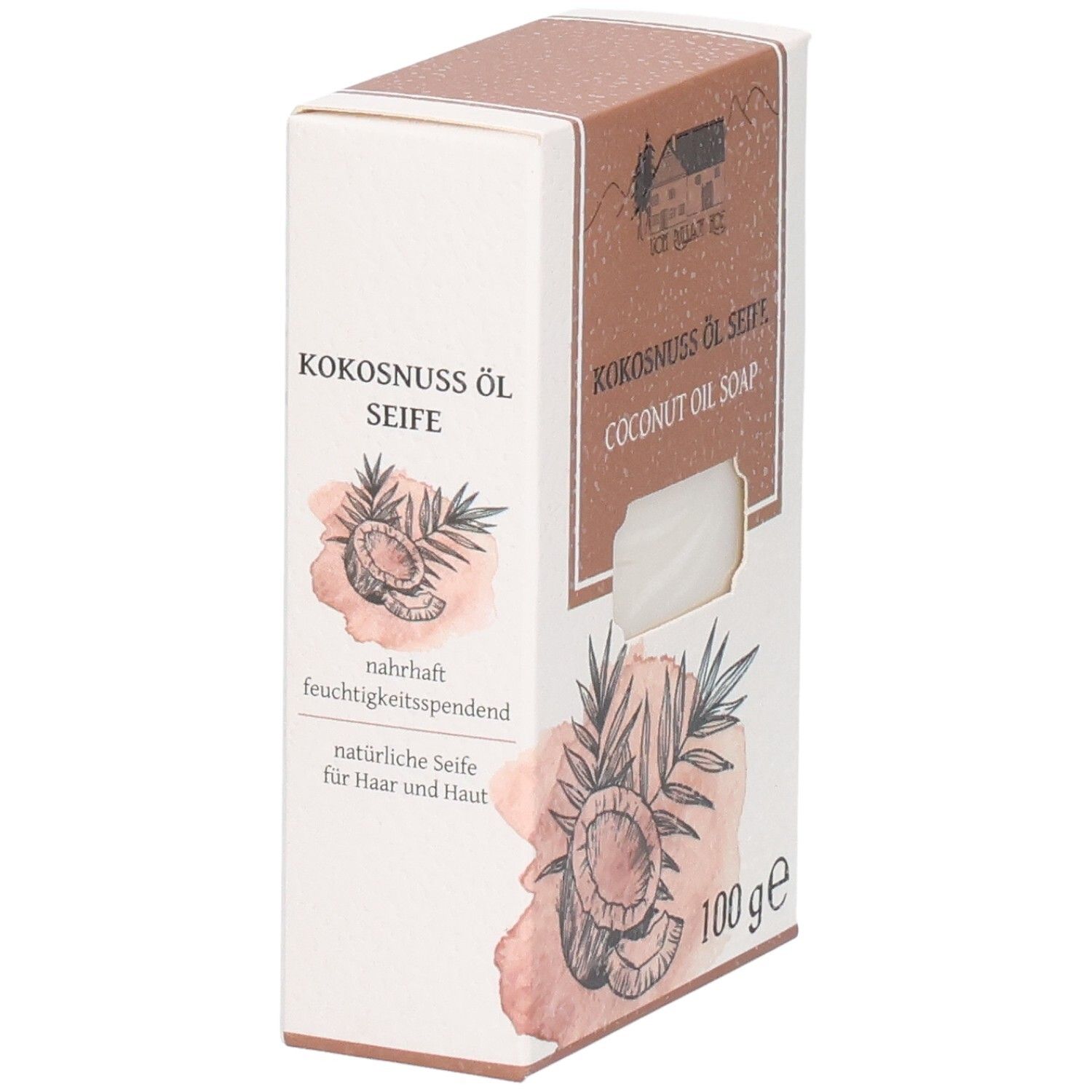 Verpackung für Kokosnussöl Seife, 100g. Enthält Abbildungen von Kokosnuss und Palmblättern.