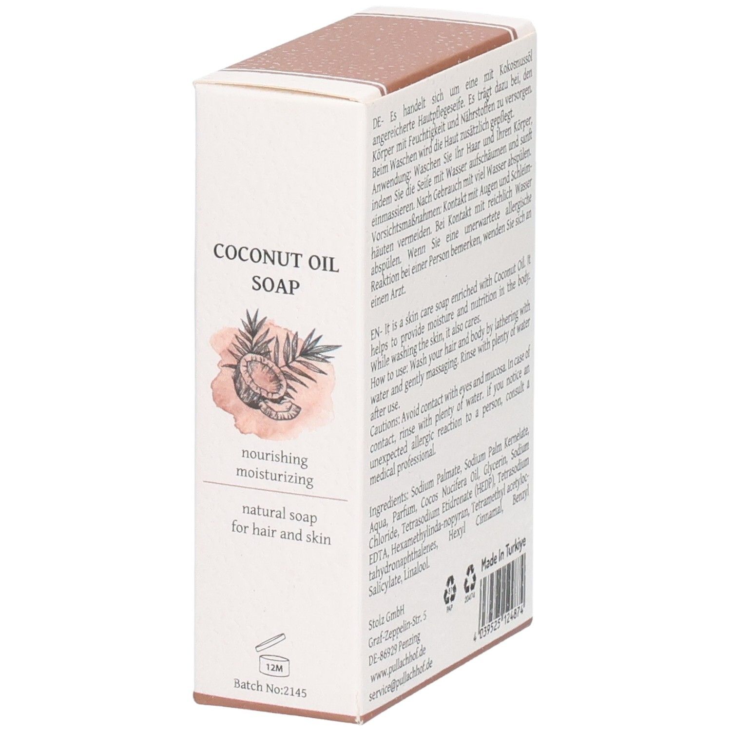 Verpackung für Kokosölseife, feuchtigkeitsspendend, für Haar und Haut.