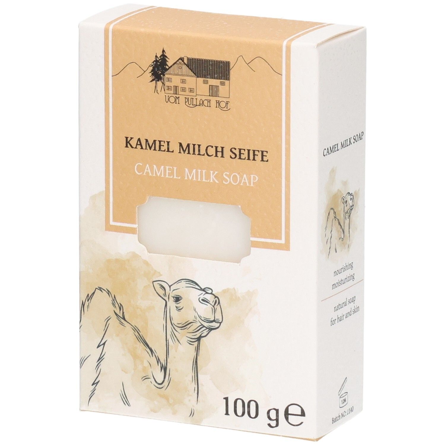 Verpackung für Kamelmilchseife, 100g. Enthält eine Seife, die durch ein Sichtfenster sichtbar ist. Illustration einer Kamel- und Hofszene.