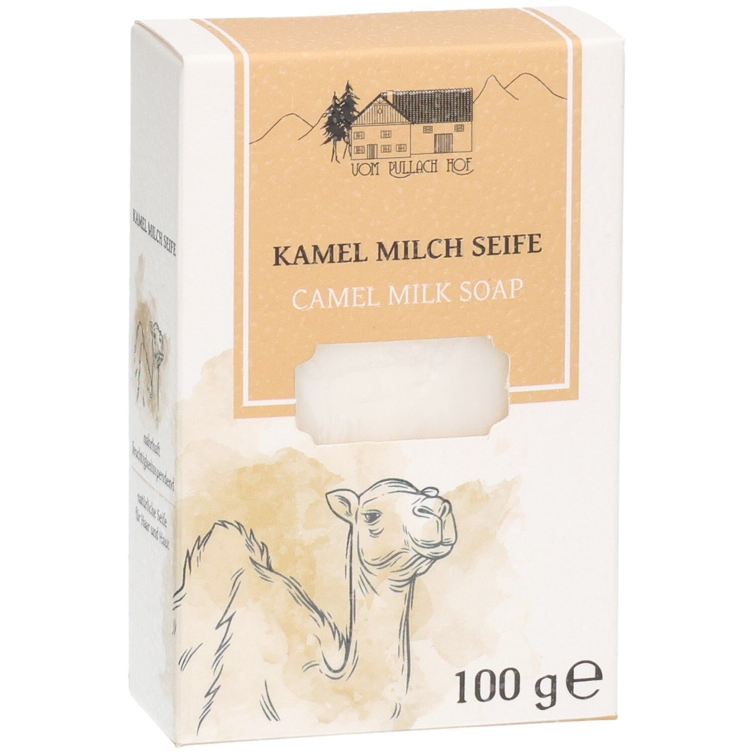 Verpackung für Kamelmilchseife, 100g. Mit Kamelzeichnung und Bauernhaus-Logo.