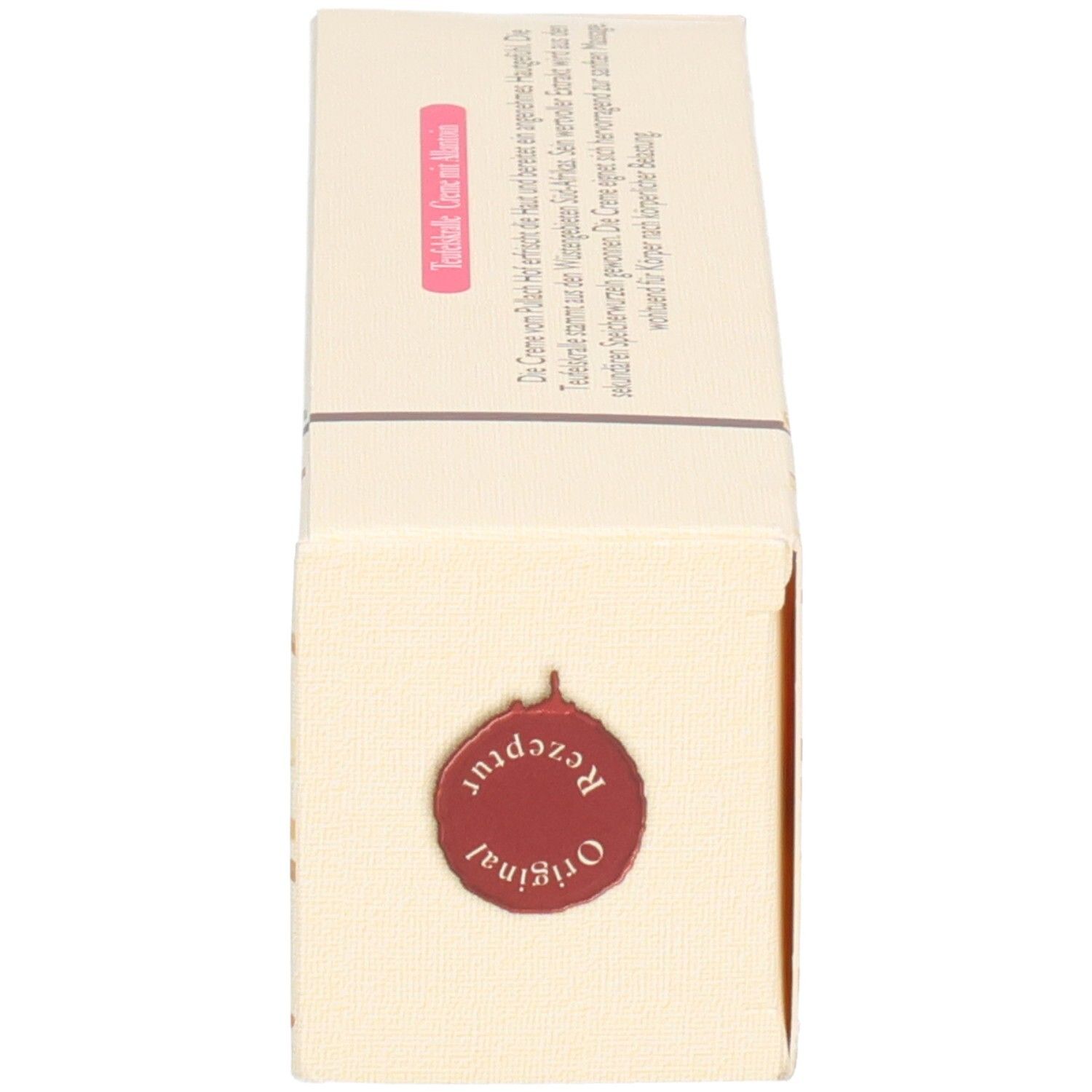 Beige Kartonverpackung mit rotem Siegel "Original Rezeptur" und Text.