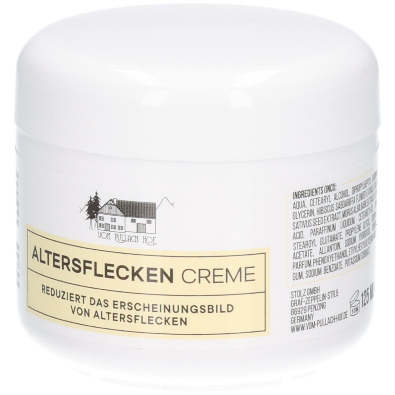 Weiße Creme-Dose mit gelbem Etikett. Beschriftung: 'Altersflecken Creme'. Enthält Inhaltsstoffe und Herstellerangaben.