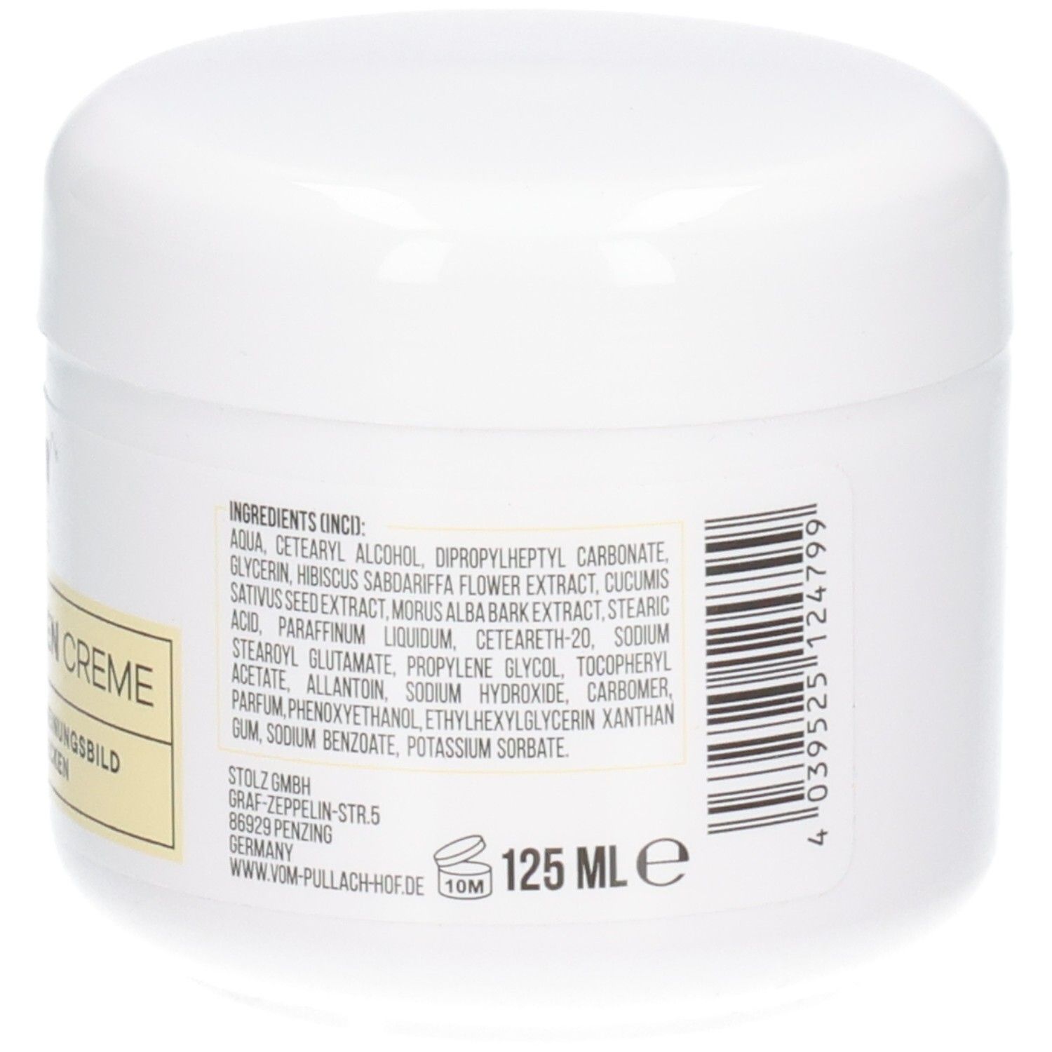 Weiße Dose mit Cremetiegel, 125 ml Inhalt, Inhaltsstoffe und Herstellerangaben sichtbar.