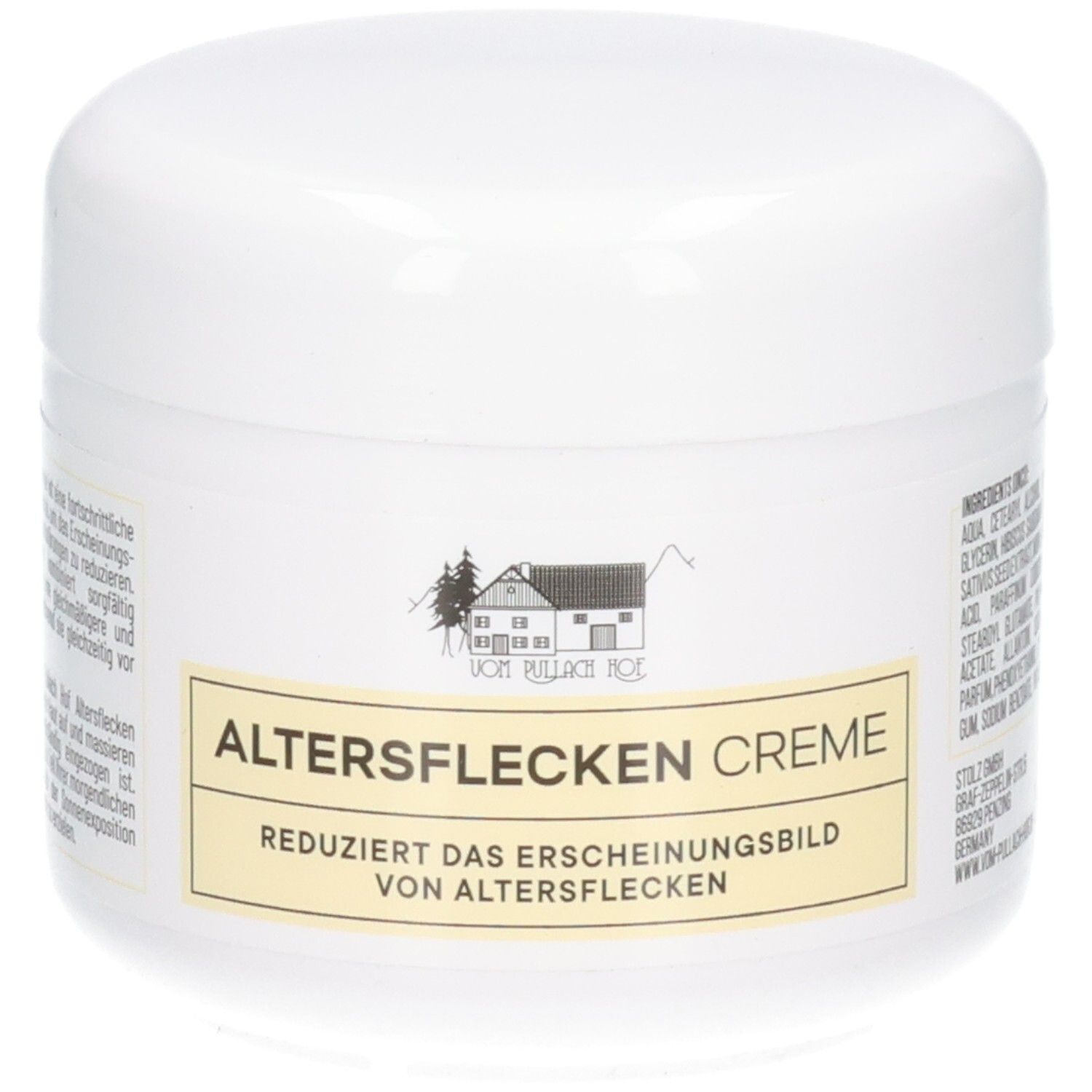 Weiße Dose mit "Altersflecken Creme" Aufschrift. Reduziert das Erscheinungsbild von Altersflecken.