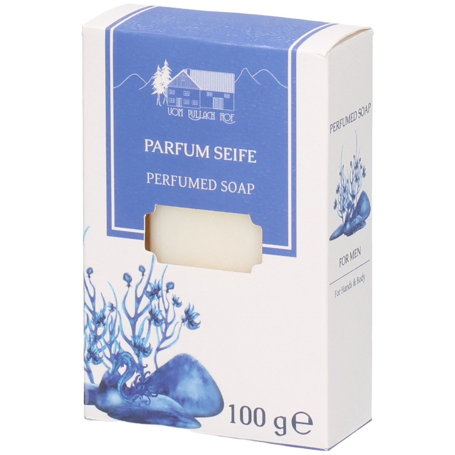 Verpackung für parfümierte Seife, 100g, mit blauer Dekoration und Text 'PARFUM SEIFE'.