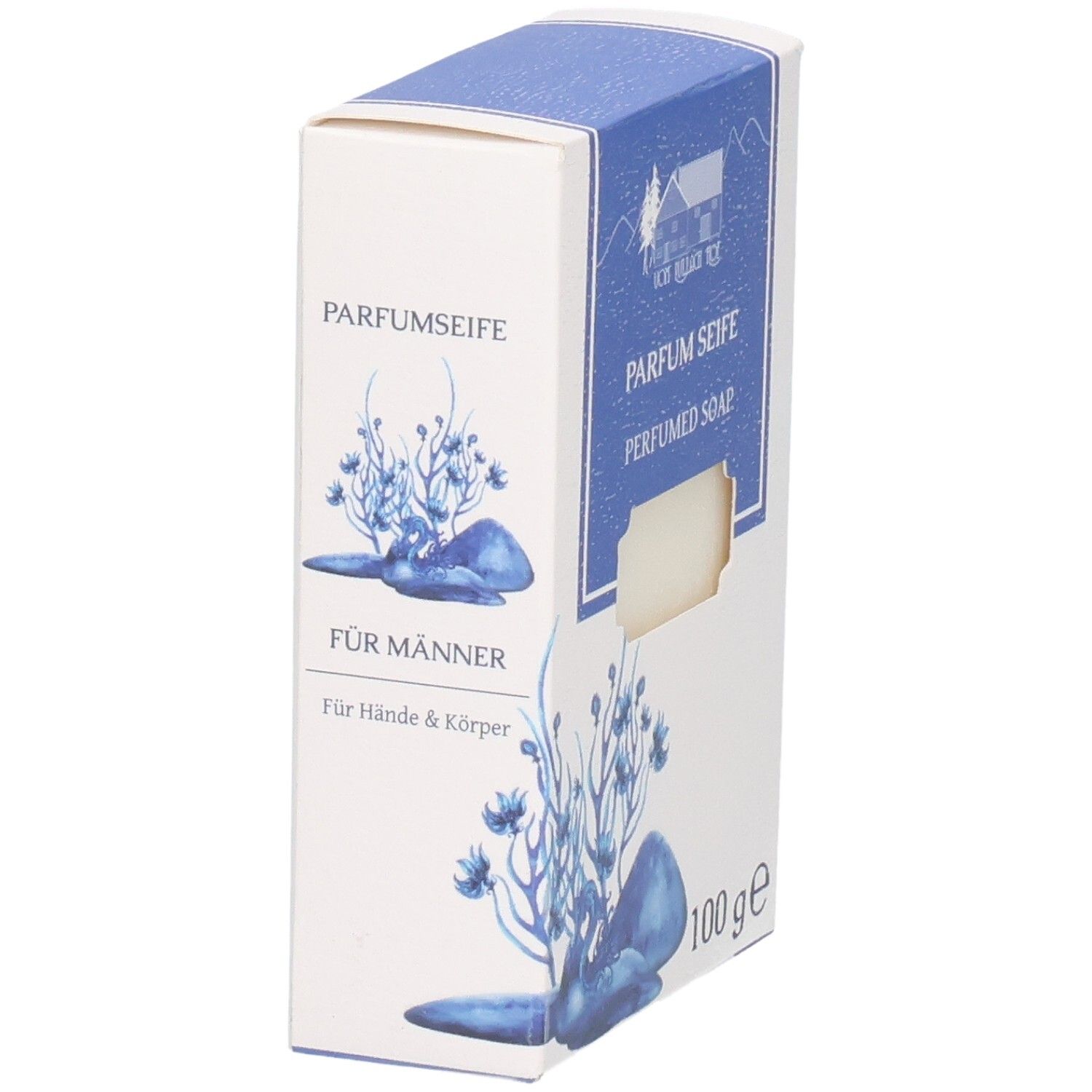 Parfümseife für Männer, 100g, in Faltschachtel mit blauem Blumenmotiv.
