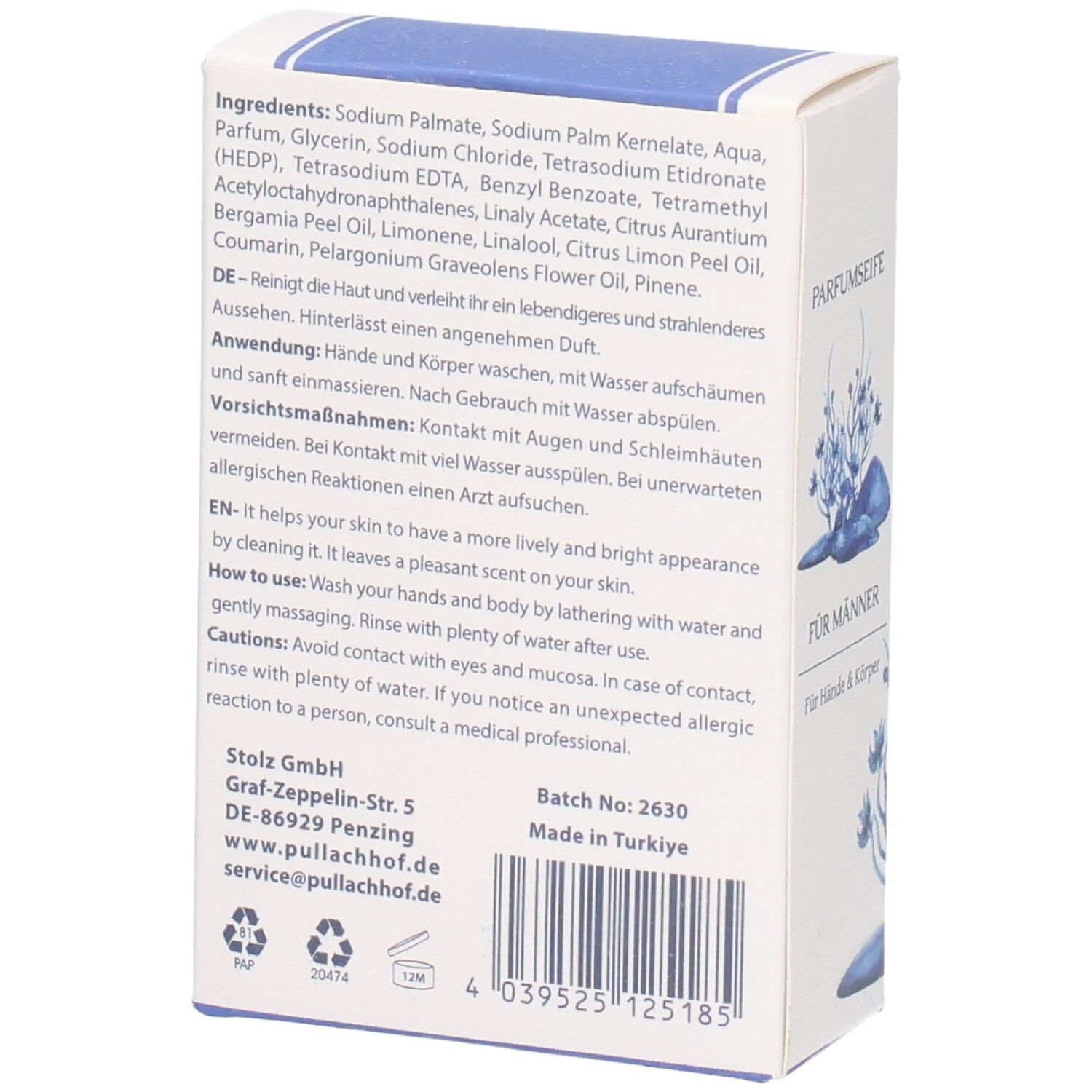 Verpackung eines Seifenstücks mit Inhaltsstoffen und Anwendungshinweisen.