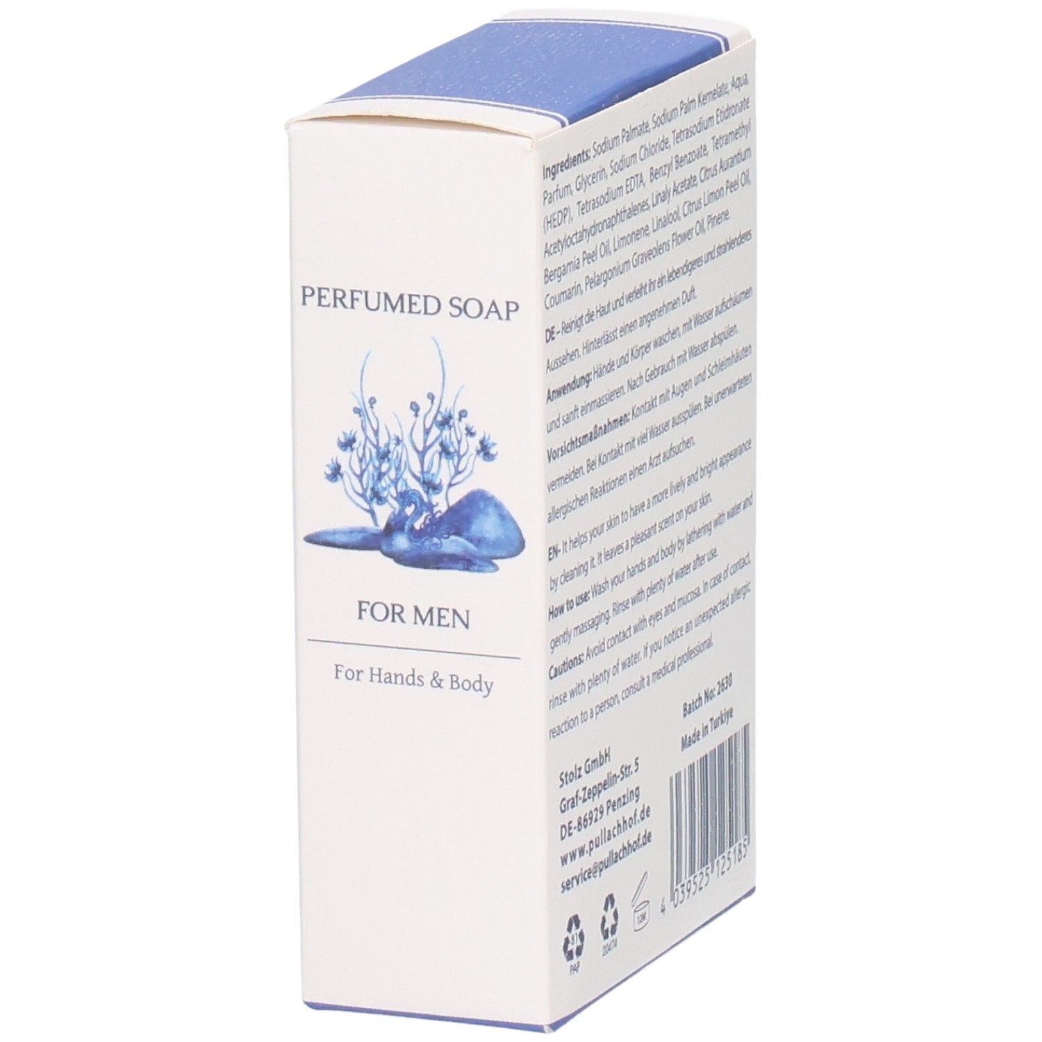 Verpackung für parfümierte Seife für Männer, für Hände und Körper.