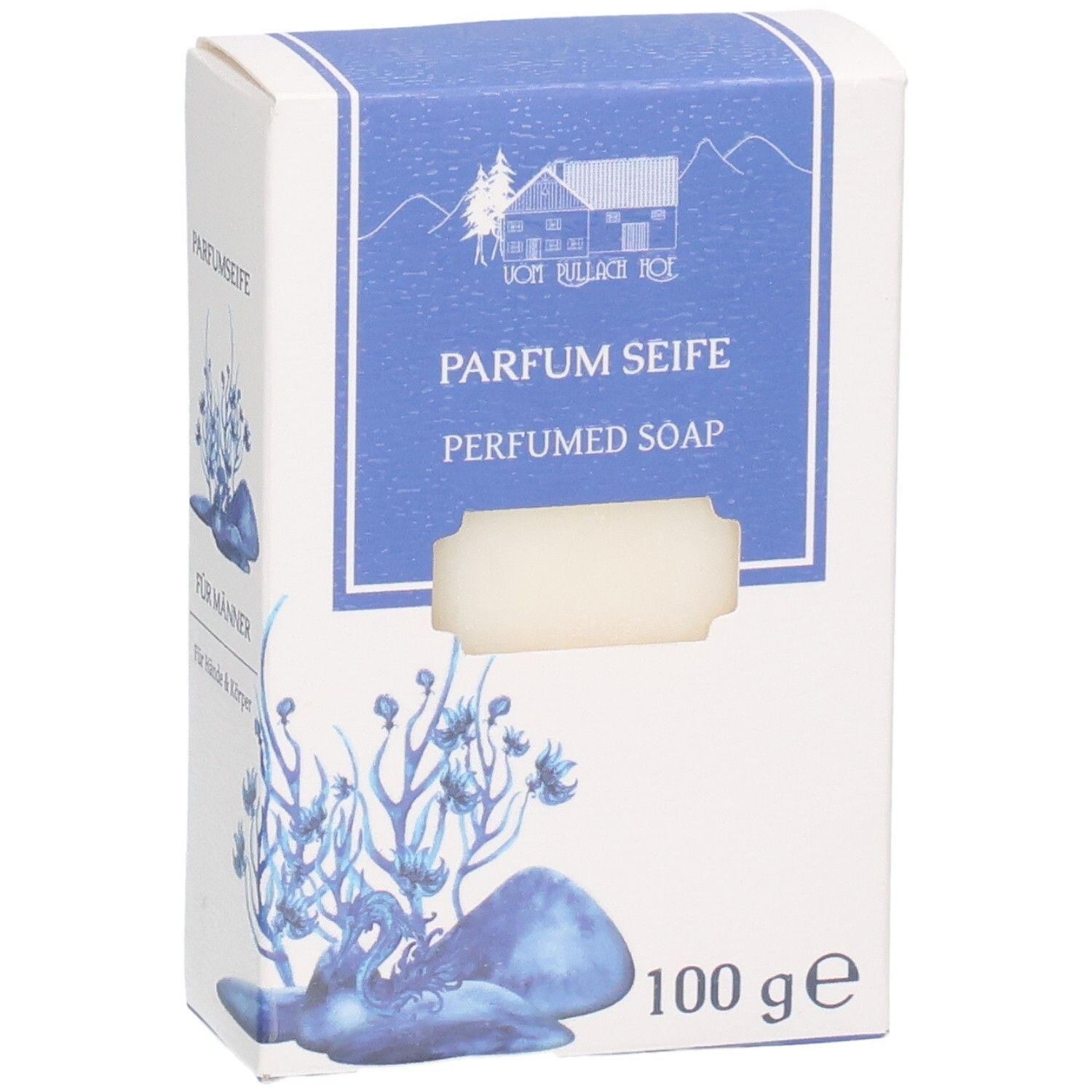Verpackung mit Parfum Seife, 100g. Blaue Dekoration mit Haus und Bergmotiv.