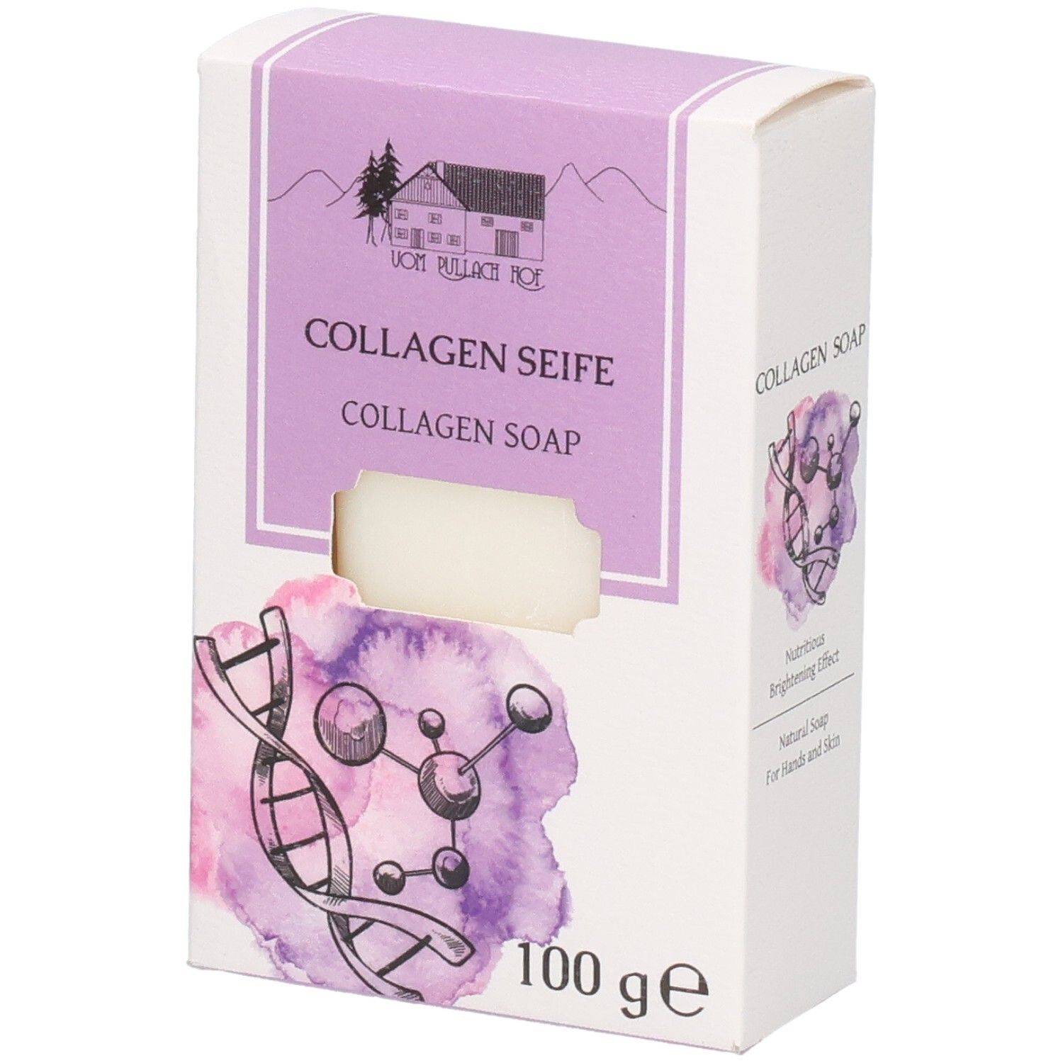 Verpackung für Kollagen-Seife, 100g. Zeigt eine stilisierte Doppelhelix und Molekülstruktur.