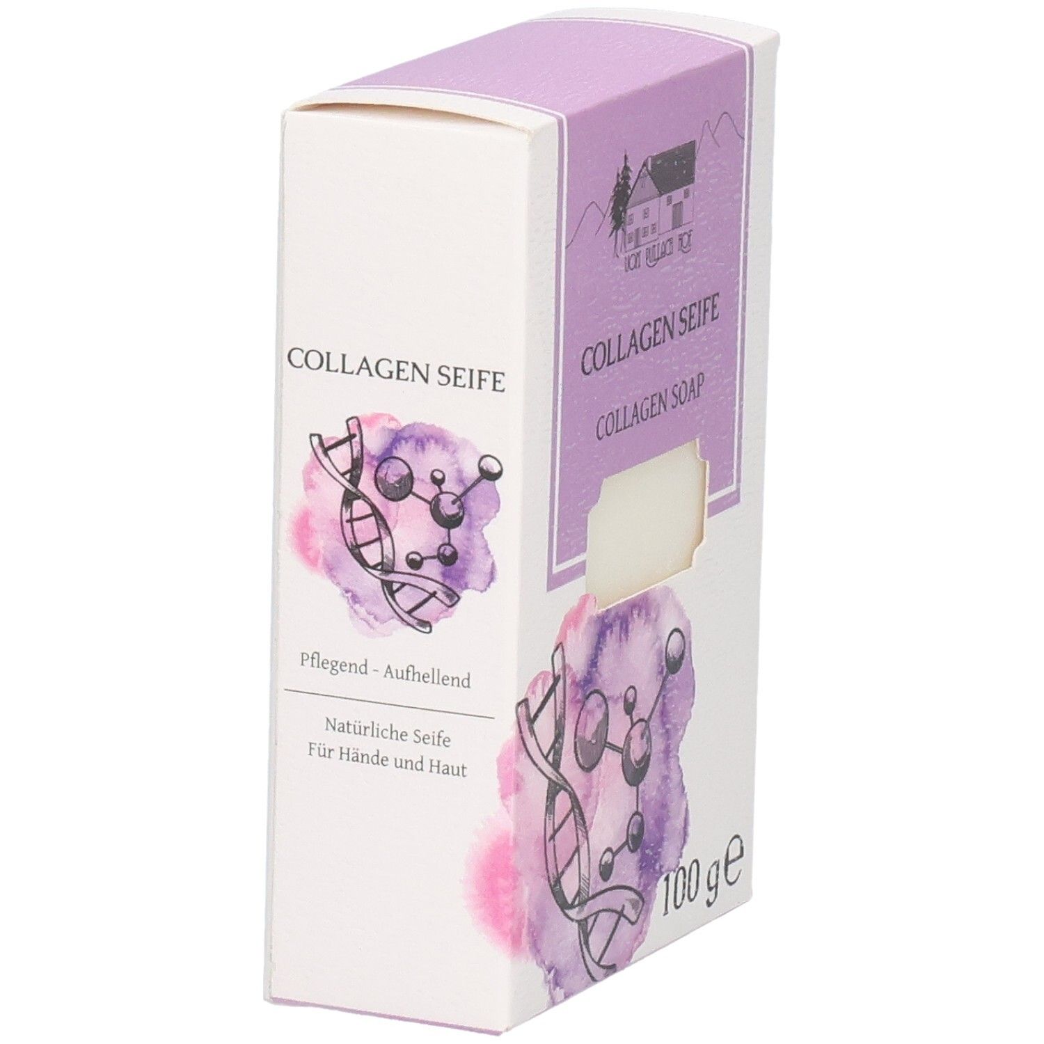 Kartonverpackung für Kollagen-Seife, 100g. Enthält eine Seife.