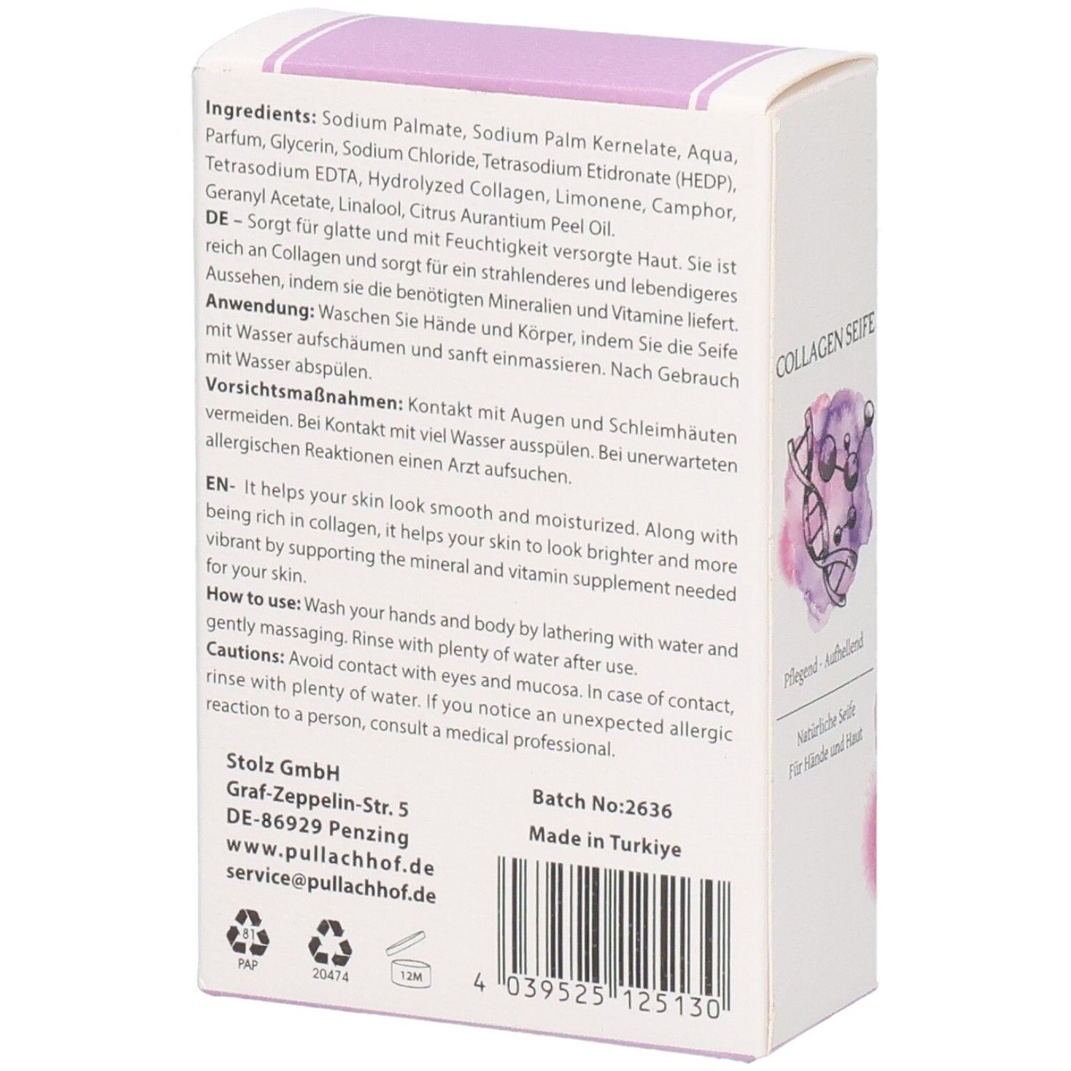 Verpackung für Kollagen-Seife mit Inhaltsstoffen, Anwendung und Herstellerangaben.