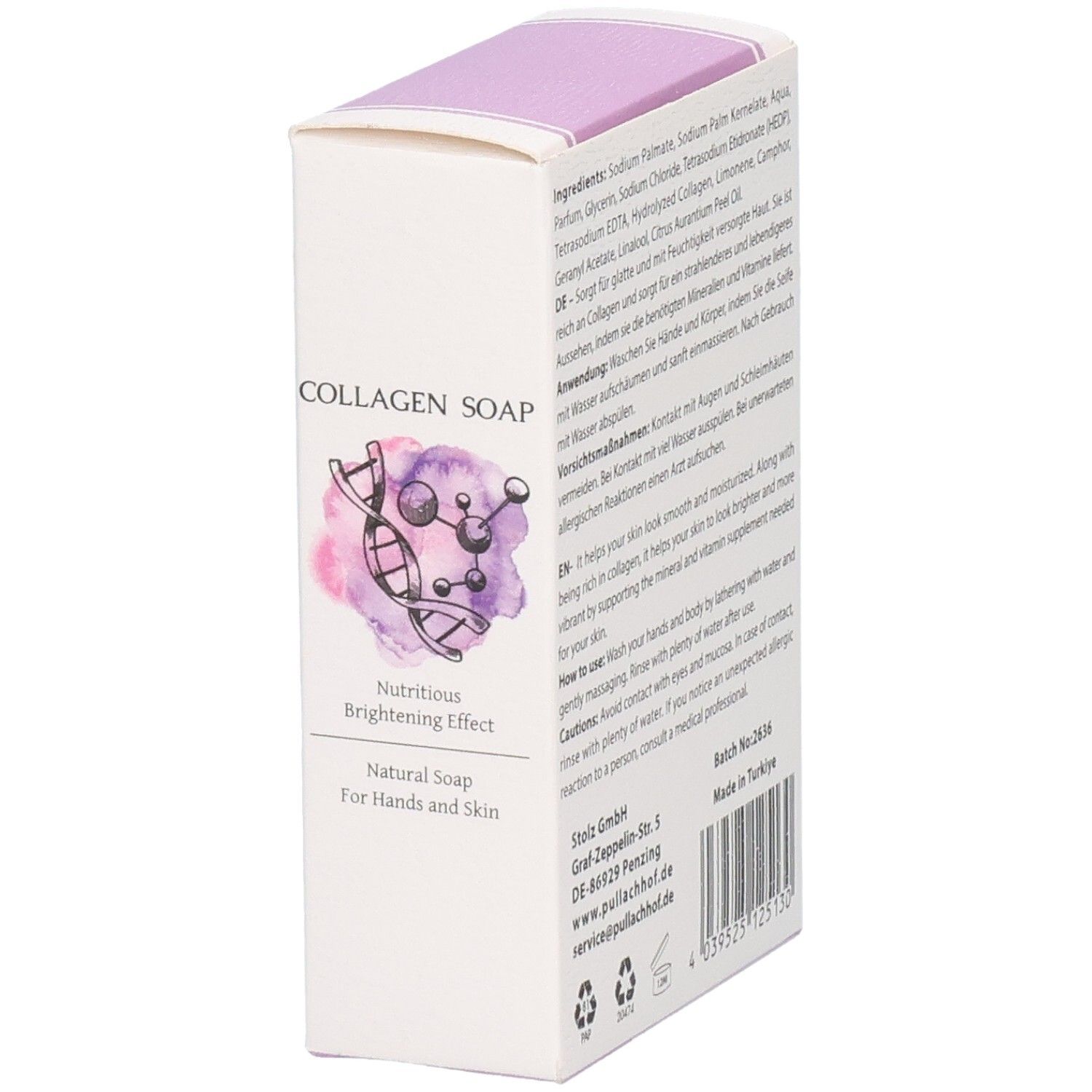 Verpackung für Kollagenseife mit Aufdruck 'Nutritious Brightening Effect' und DNA-Symbol.