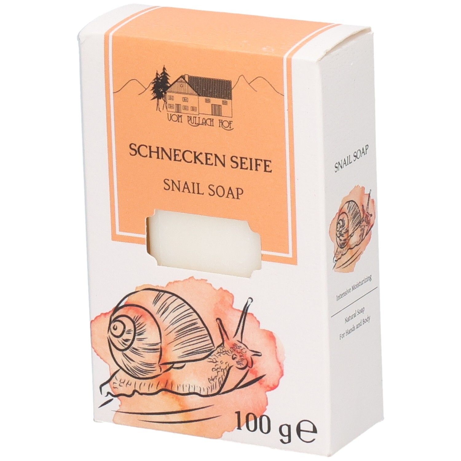 Schnecken Seife, 100g Packung mit Schneckenmotiv.