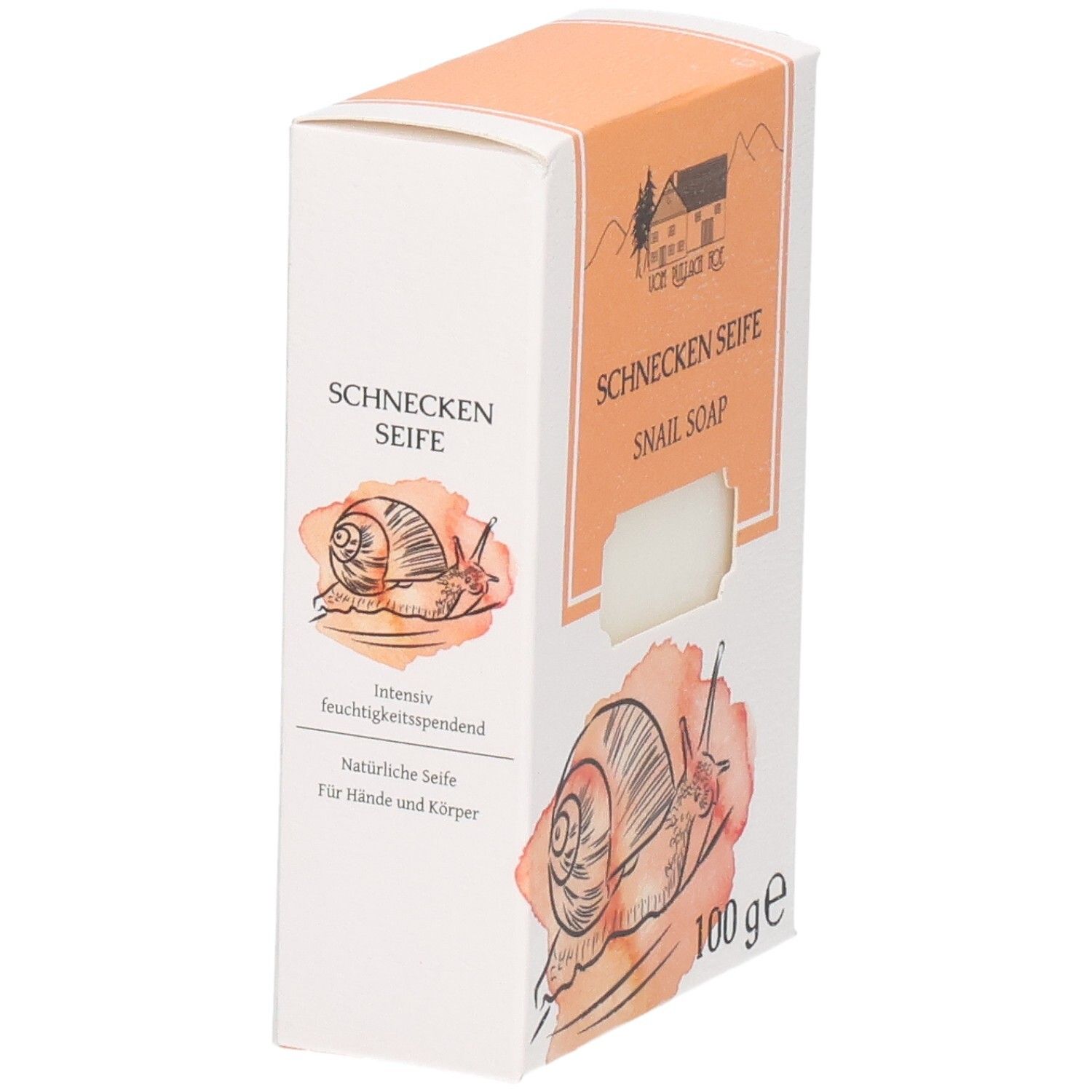 Schnecken Seife 100g Packung mit Schneckenmotiv und Text.