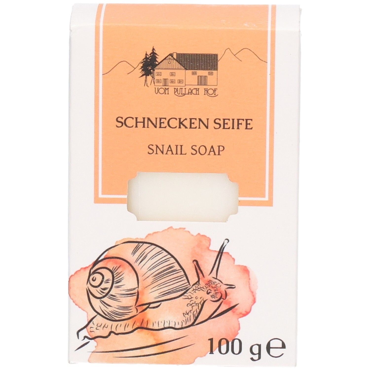 Verpackung für Schneckenseife, 100g. Zeigt eine stilisierte Schnecke und ein Haus.