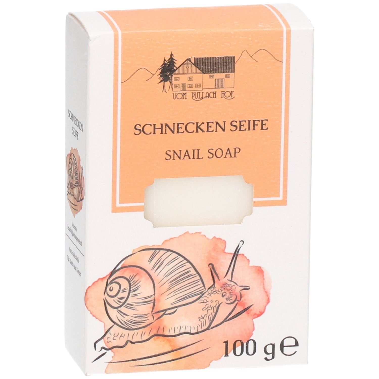 Schnecken Seife 100g Packung mit Schneckenmotiv und Hausabbildung.