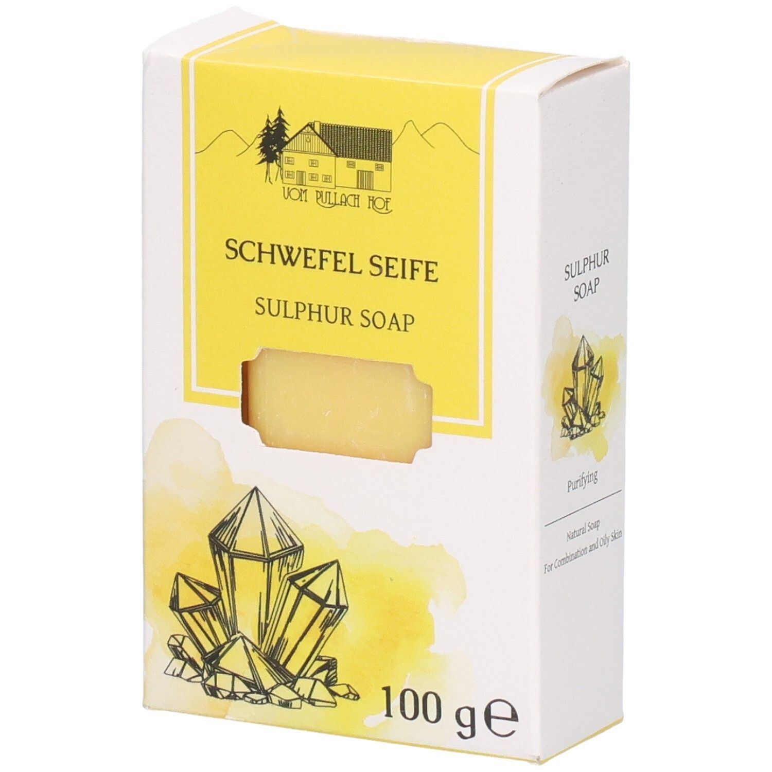 Verpackung für Schwefelseife, 100g, mit Abbildung von Kristallen und einem Haus.