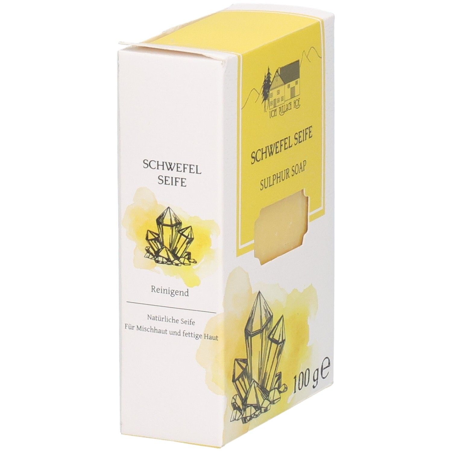 Verpackung für Schwefelseife, 100g, mit Kristall-Illustrationen.