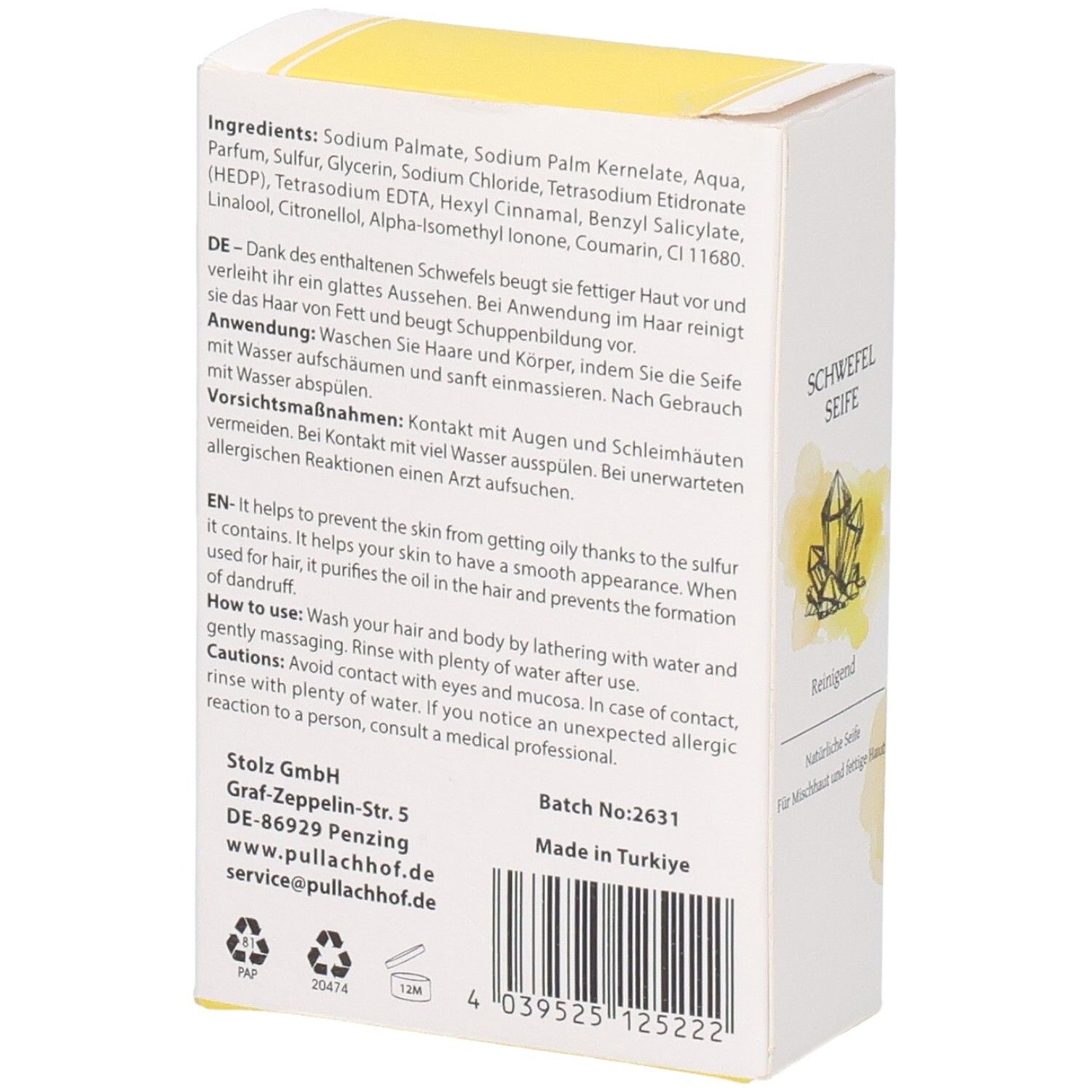 Verpackung eines Schwefelseifenriegels mit Zutatenliste und Anwendungshinweisen.