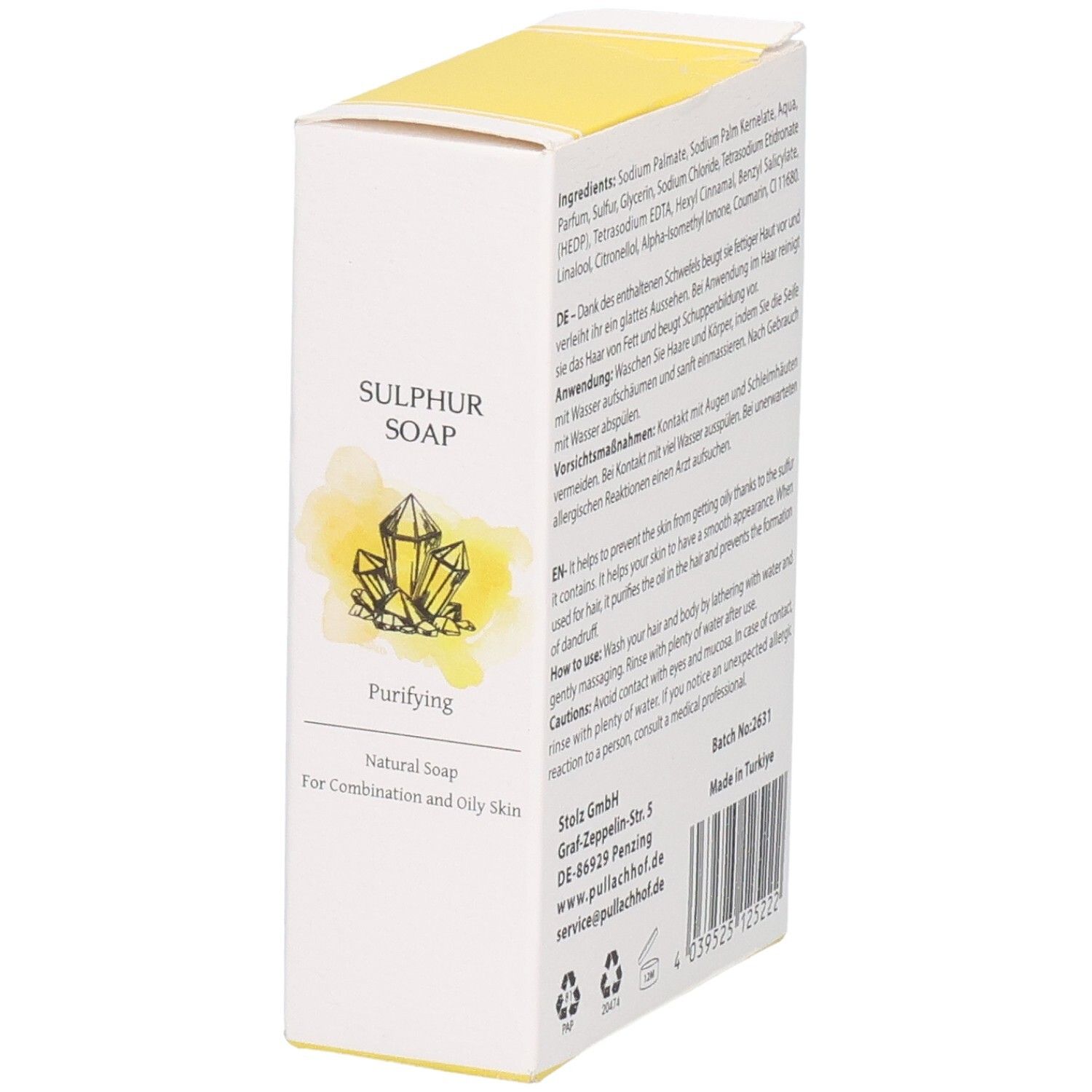 Verpackung für Schwefelseife mit Kristallen und Text "Sulphur Soap Purifying".