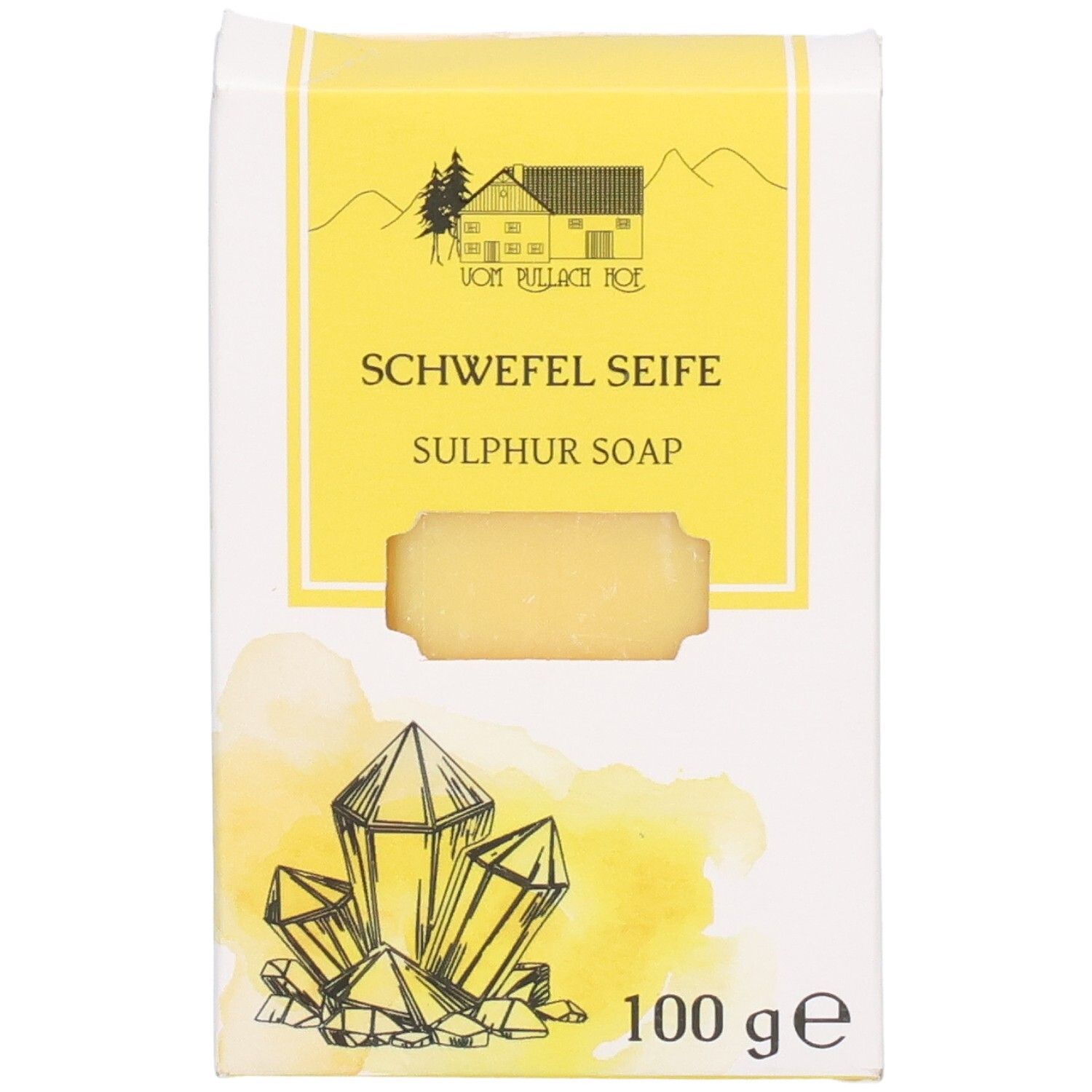 Verpackung für Schwefelseife, 100g. Zeigt ein Haus, Berge und Kristalle.