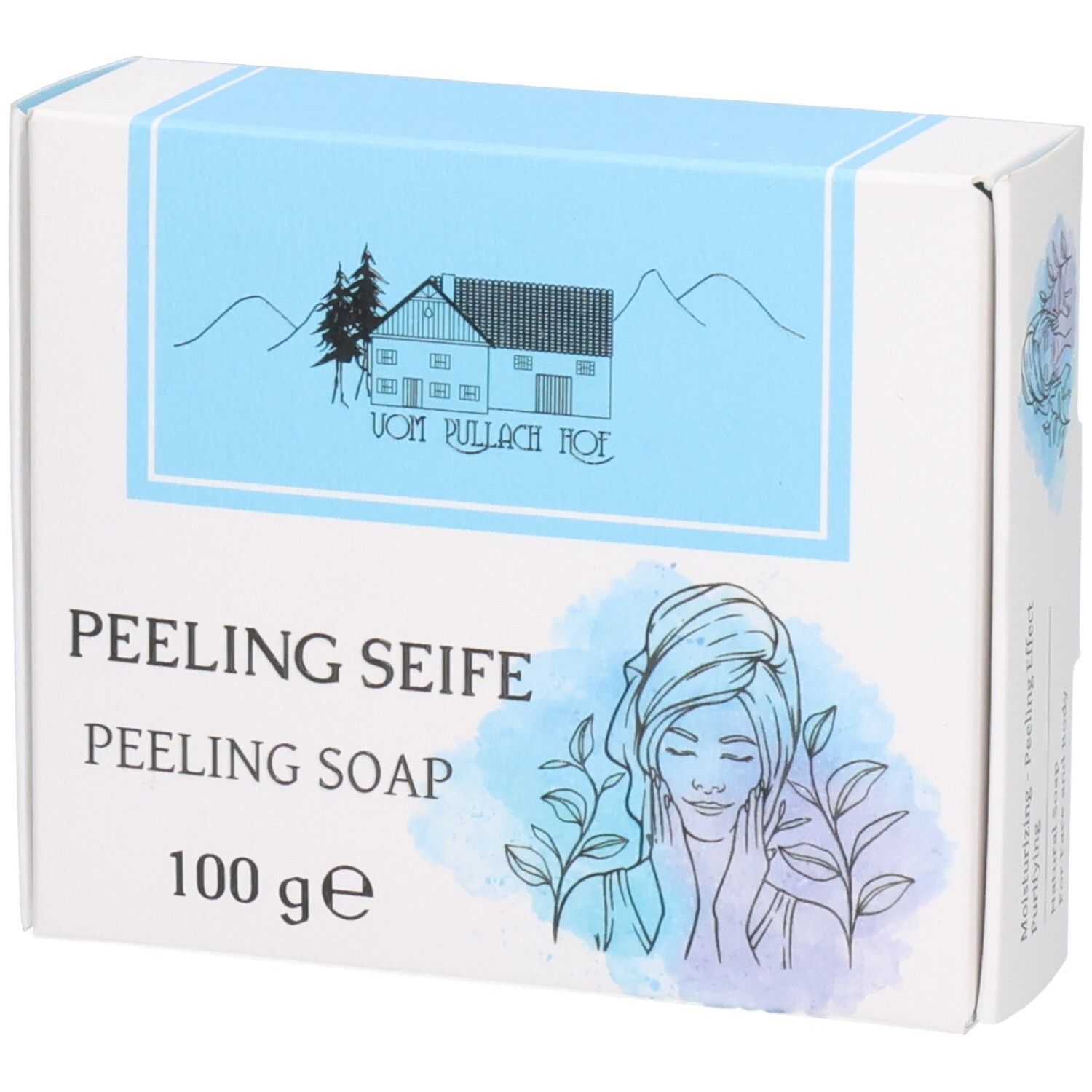 Verpackung für 100g Peelingseife mit Abbildung eines Hauses und einer Frau.
