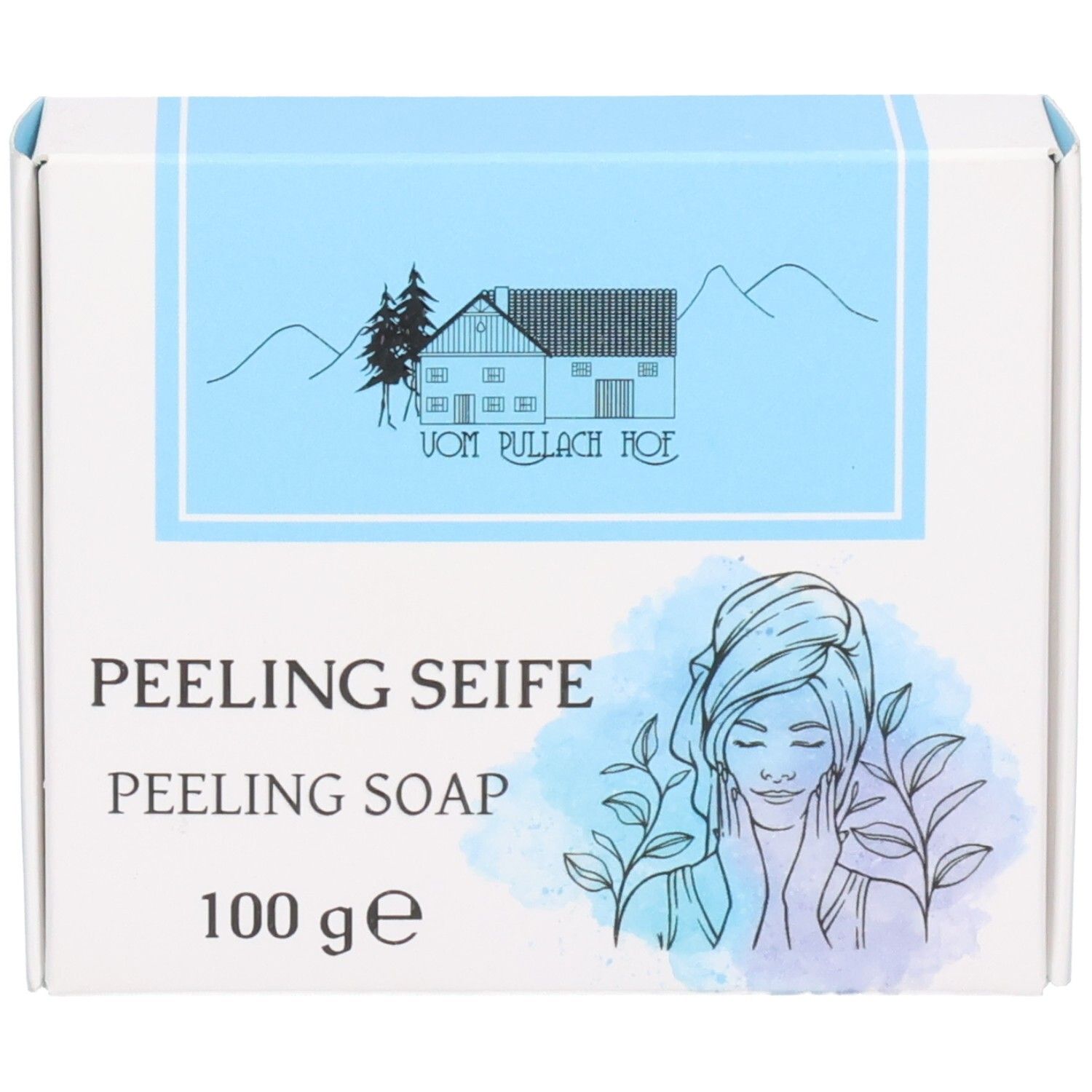 Verpackung für Peelingseife, 100g. Zeigt eine Frau mit Handtuch und Pflanzen.