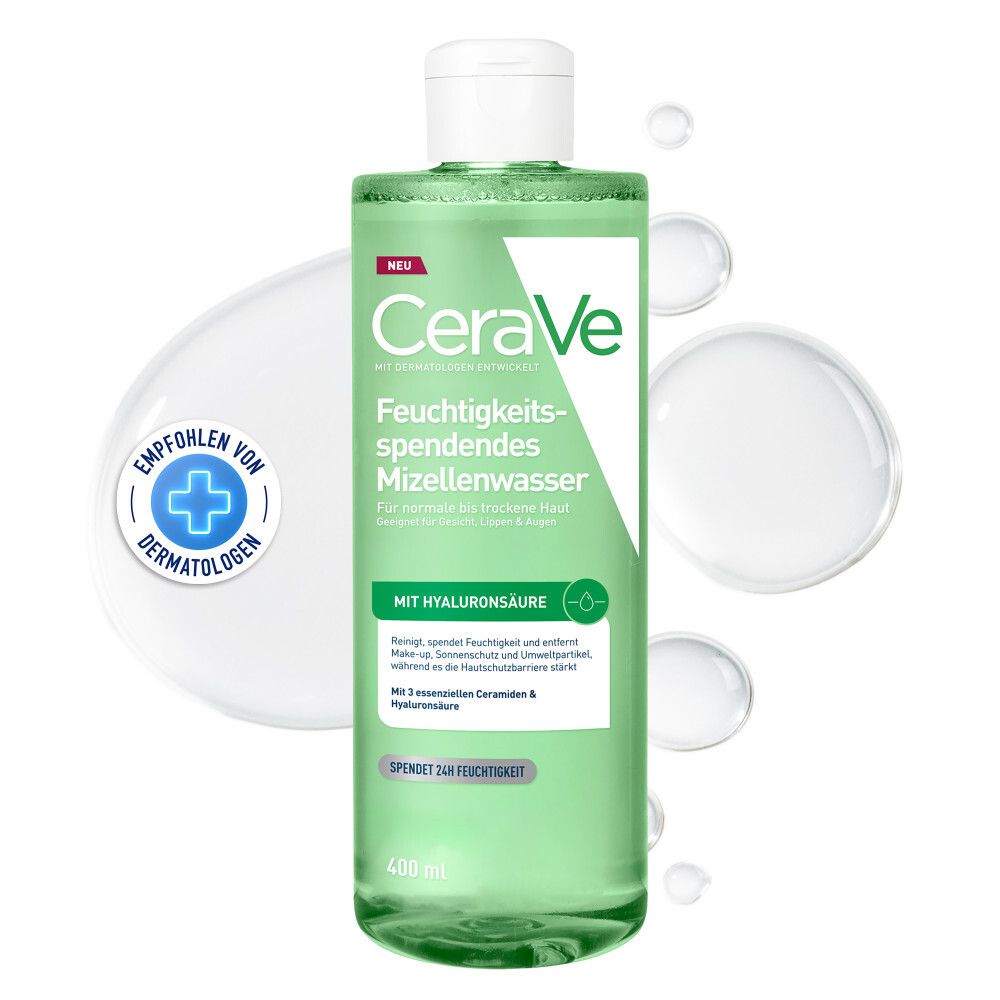 Eau micellaire hydratante CeraVe avec acide hyaluronique, 400 ml. Recommandé par les dermatologues.