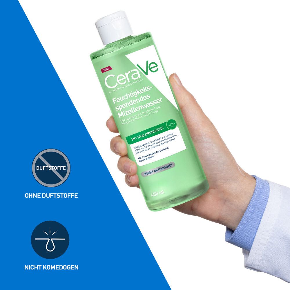 Main tenant l'eau micellaire CeraVe. Sans parfum, non comédogène.