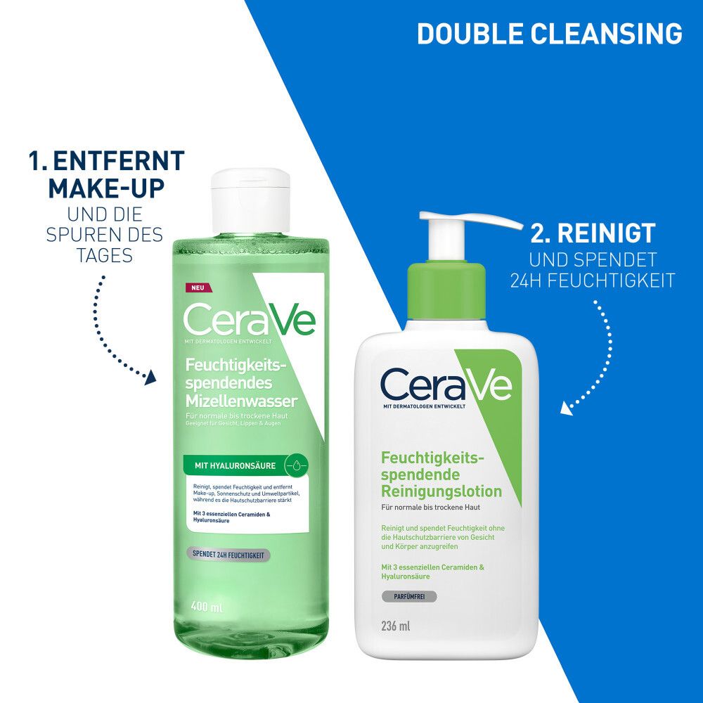 Double nettoyage : Eau micellaire CeraVe et lotion nettoyante.
