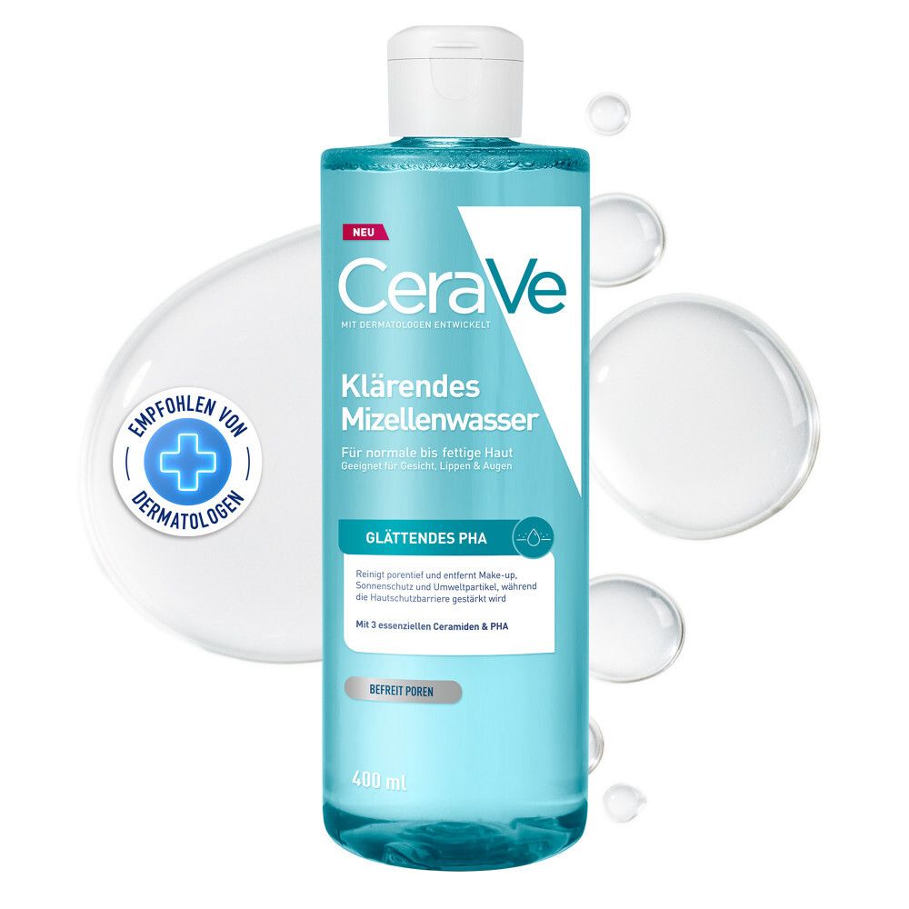 Eau micellaire purifiante CeraVe dans une bouteille transparente avec un bouchon blanc. Comprend le sceau Dermatologue.
