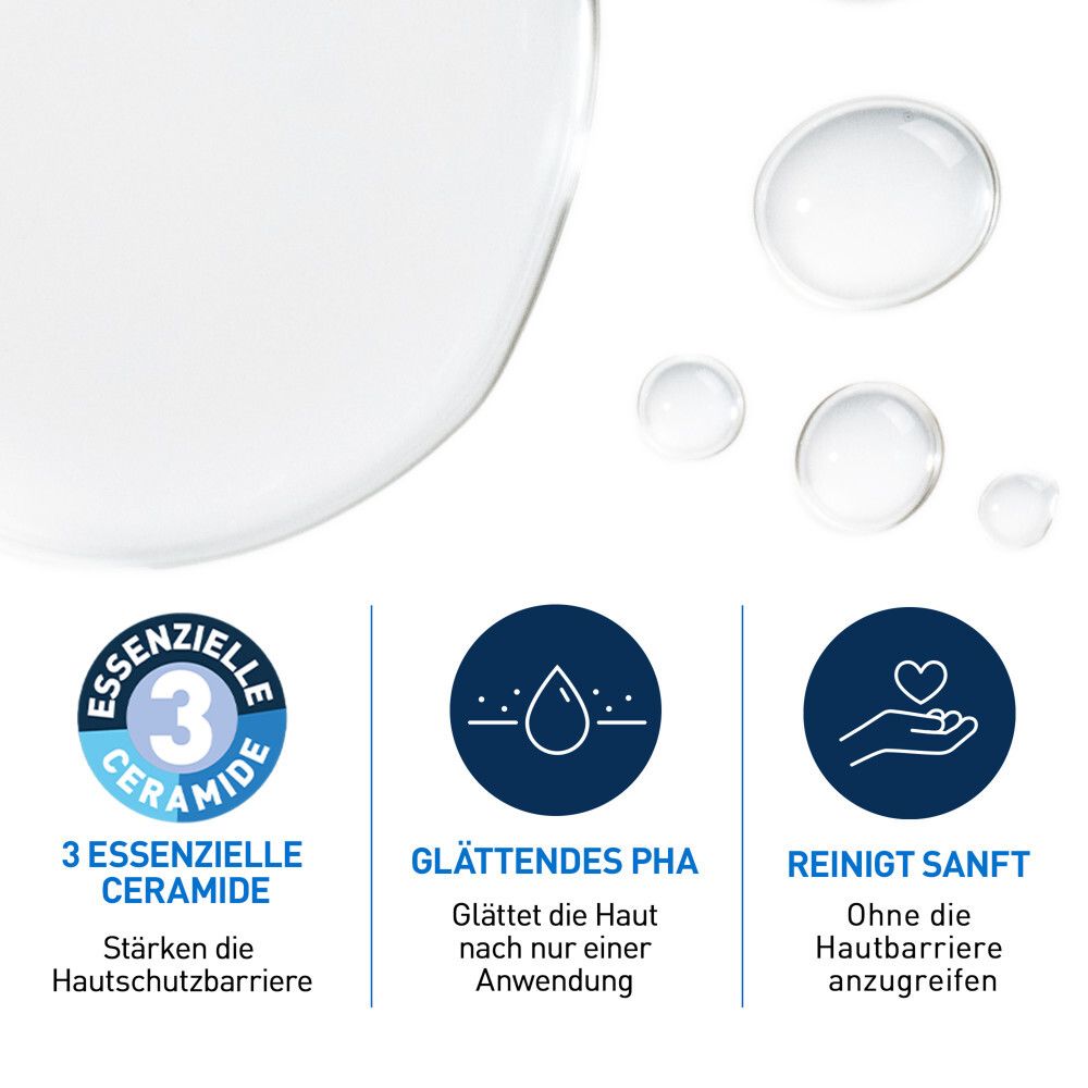 Trois cercles montrent : 3 céramides essentiels renforcent la barrière cutanée. Le PHA lissant lisse la peau. Nettoyage doux.