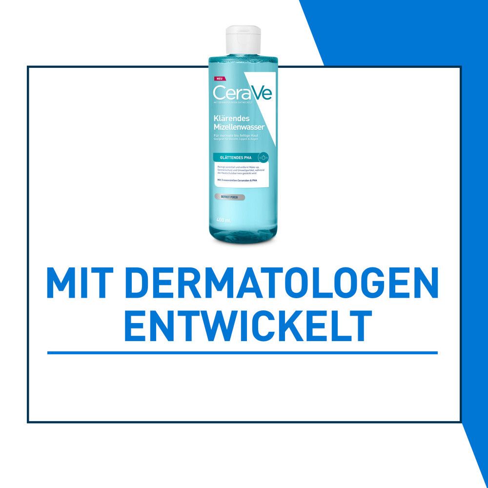 Eau micellaire purifiante CeraVe. Texte : 'Développé avec des dermatologues'.