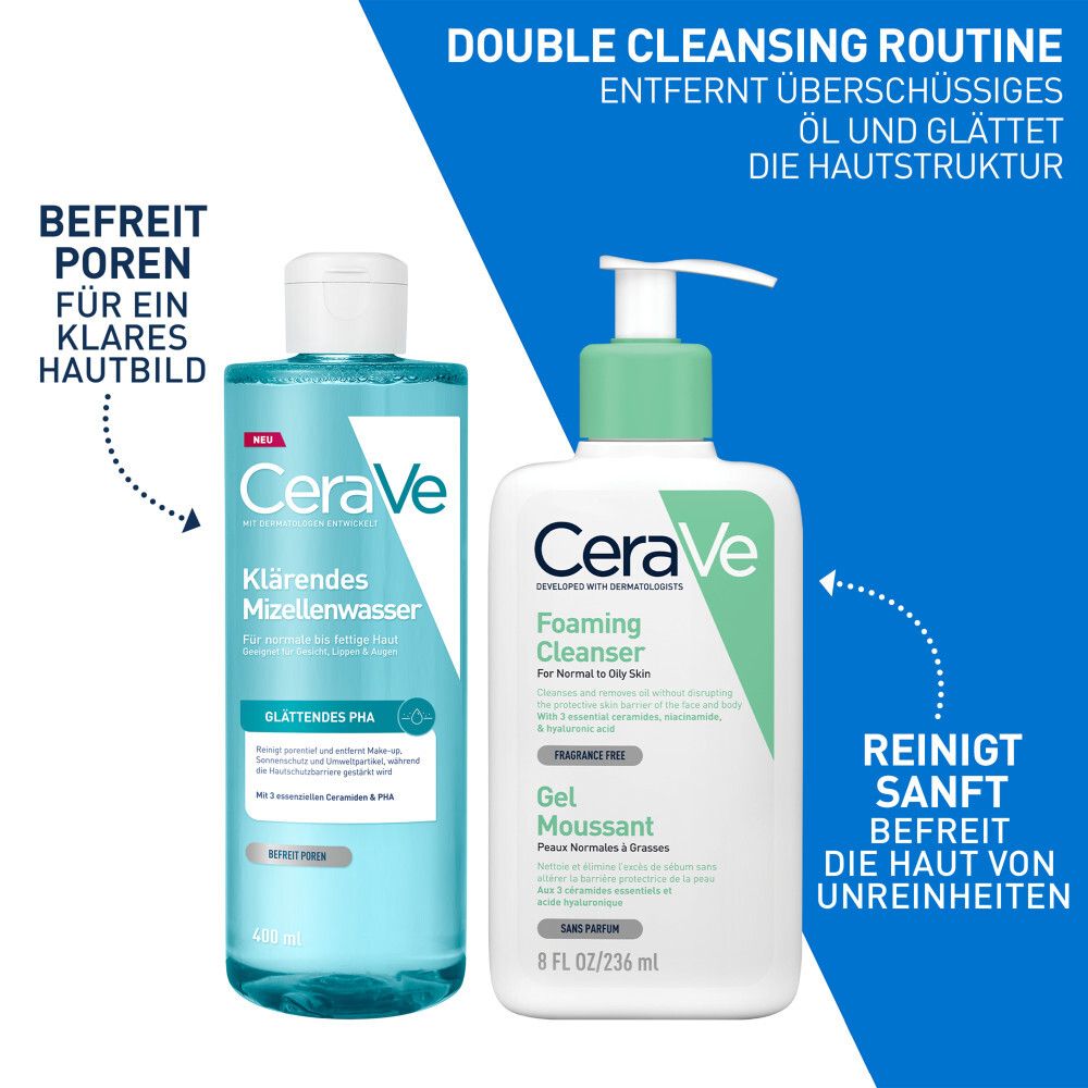Eau micellaire purifiante CeraVe et Nettoyant Moussant CeraVe. Routine de double nettoyage élimine l'huile et la saleté.