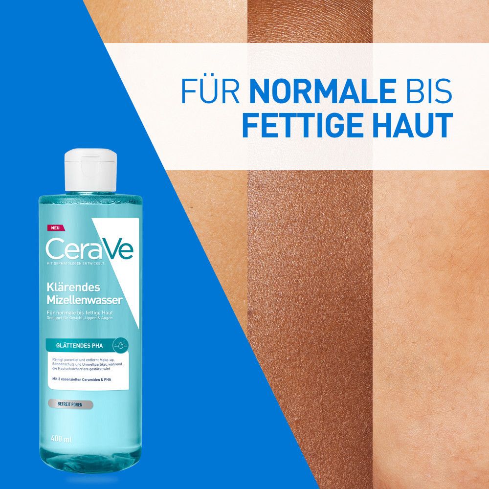 Eau micellaire purifiante CeraVe. Convient aux peaux normales à grasses. Montre différents types de peau.