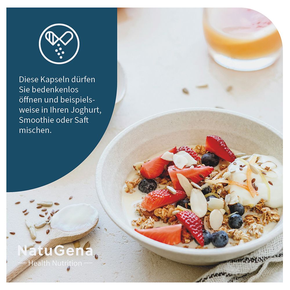 Schale mit Müsli, Früchten und Nüssen. Kapsel-Symbol und Text zum Mischen.