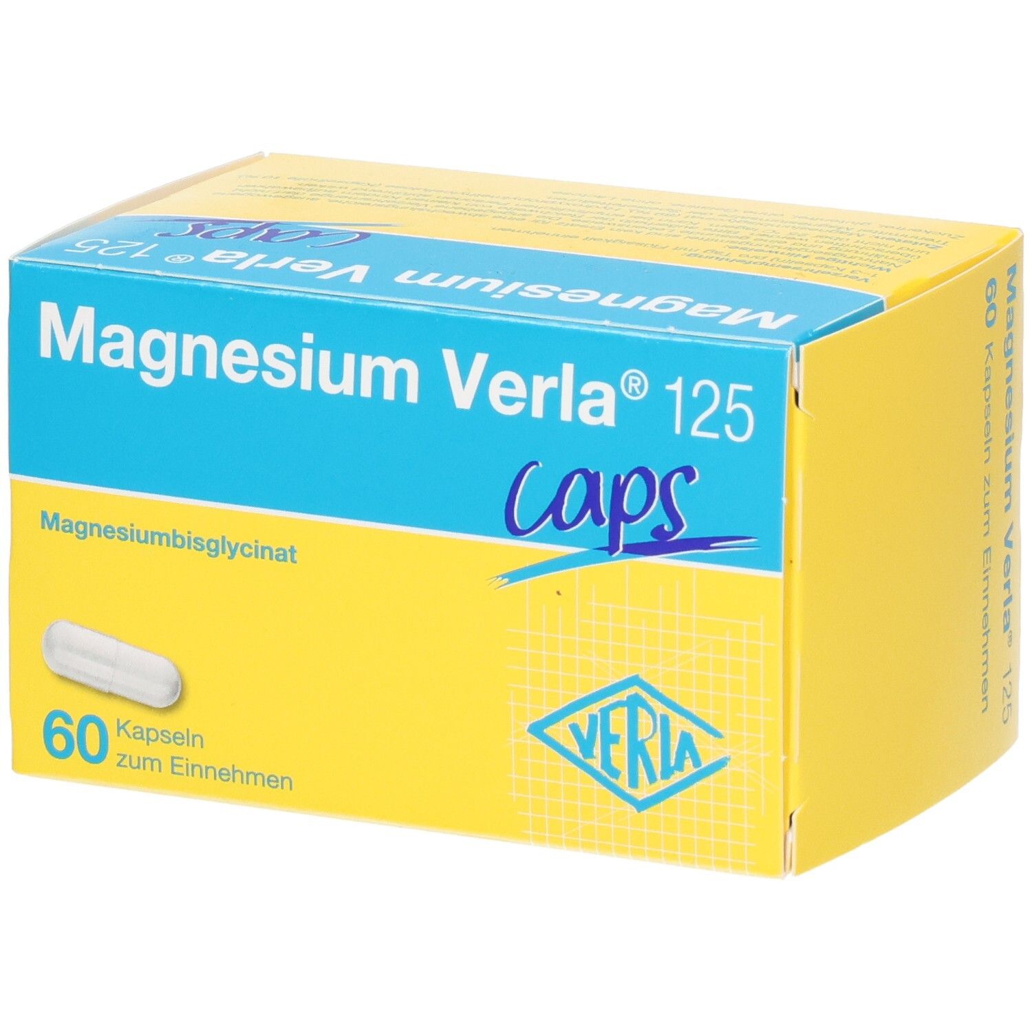 Magnesium Verla 125 Caps Schachtel, Rückseite mit 60 Kapseln.