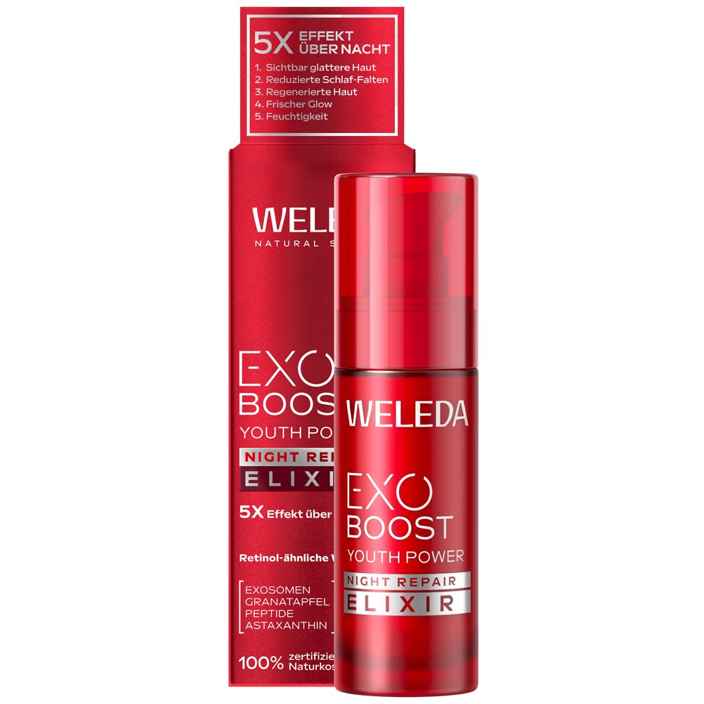 Weleda Exo Boost Youth Power Night Repair Elixir in roter Flasche mit Faltschachtel.