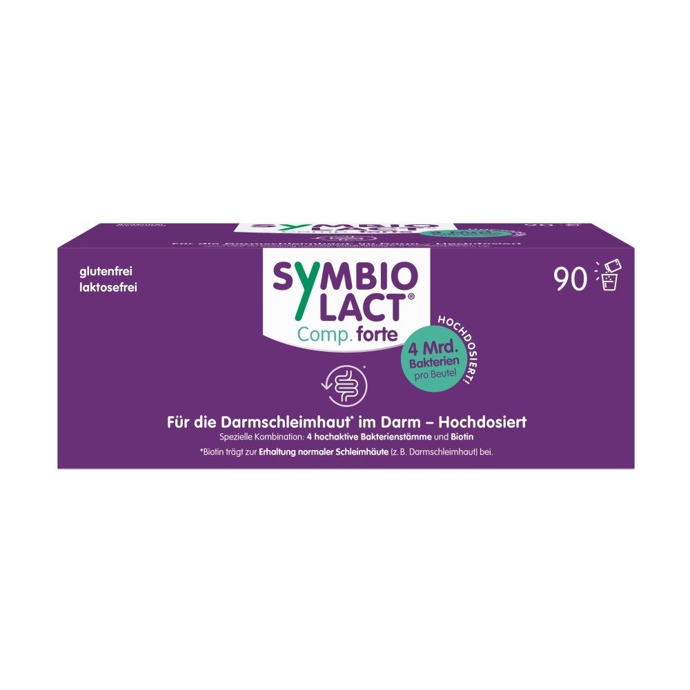 Packung SymbioLact Comp. forte mit 90 Beuteln. Glutenfrei, laktosefrei. Enthält 4 Mrd. Bakterien pro Beutel.