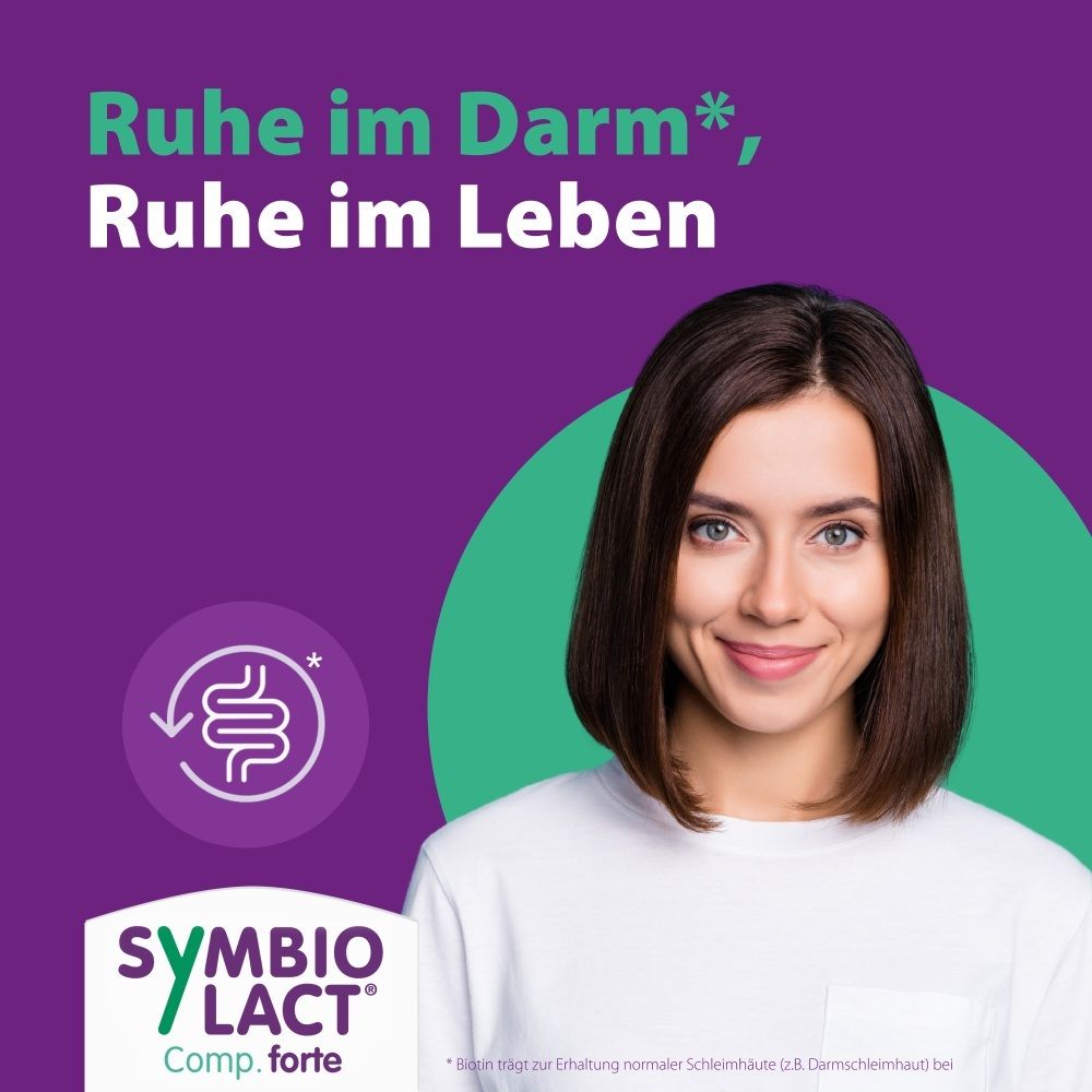 Lächelnde Frau vor lila Hintergrund. SymbioLact Comp. forte Logo unten links.